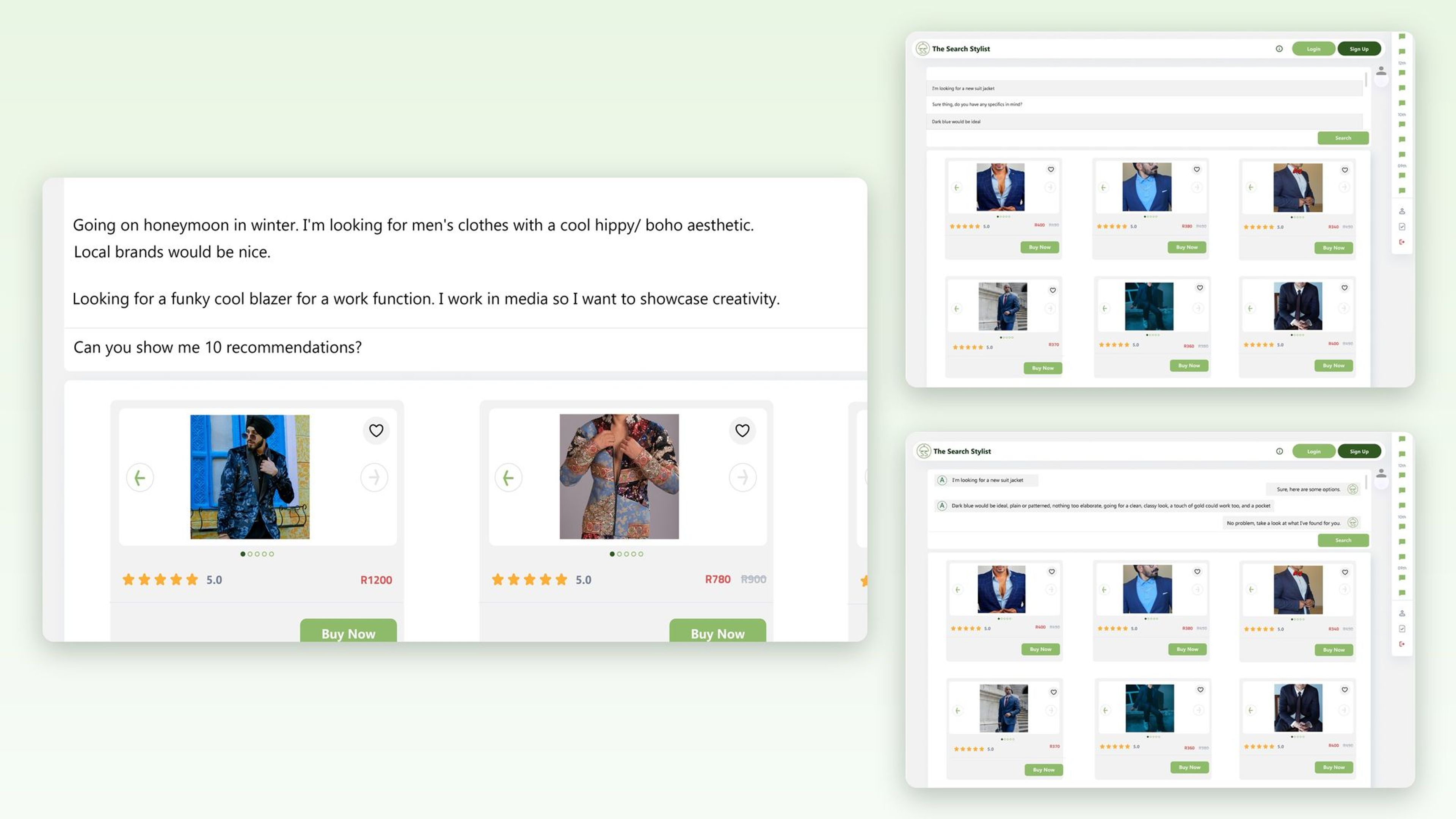 Close-ups of the simulated chat search and two search results screens with ratings, prices and buy buttons