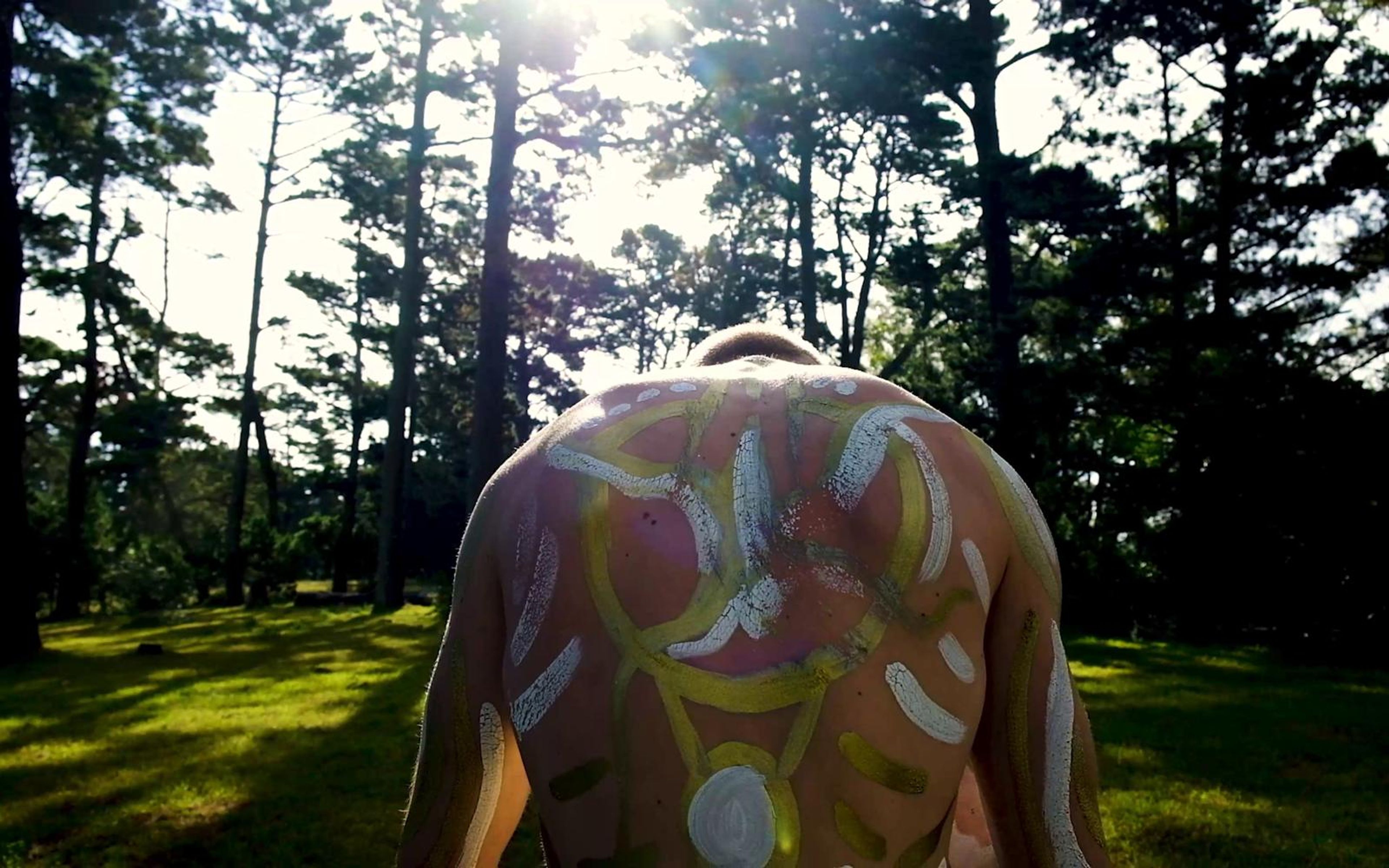 Performer's painted back in sunlight on a lawn with pines behind, low angle