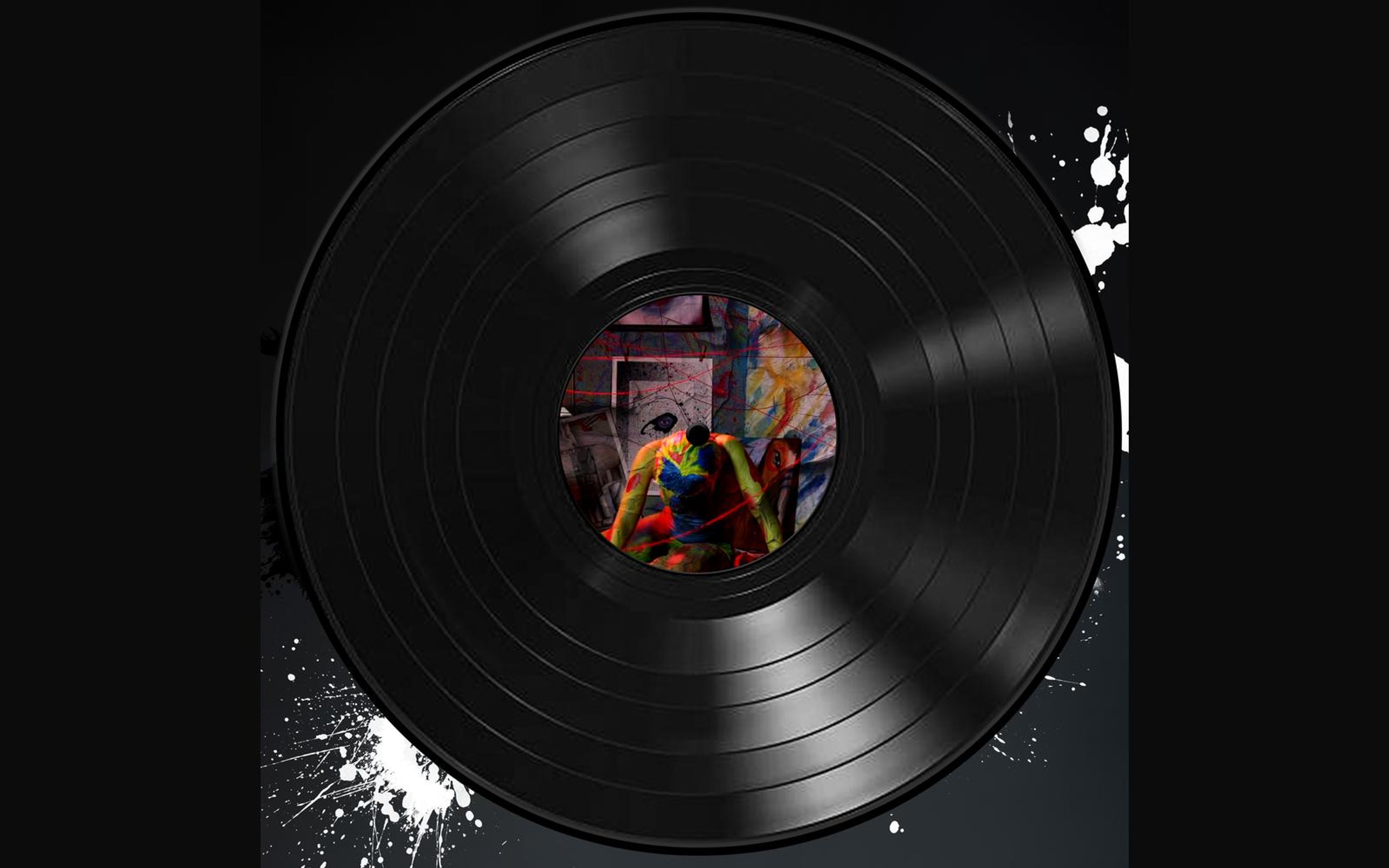 Vinyl record sleeve with a bright multicoloured figure collage on the centre label