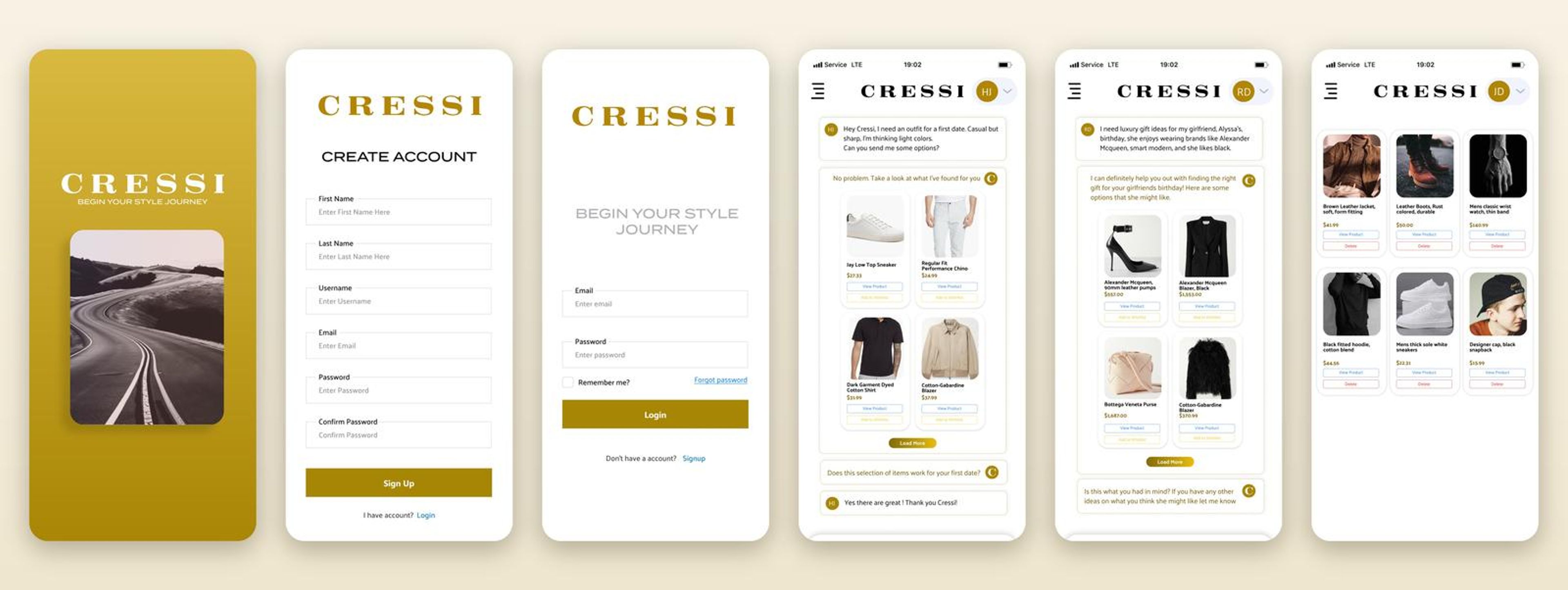 Six CRESSI app screens: landing, create account, login, a first date chat, shop for others and the wishlist