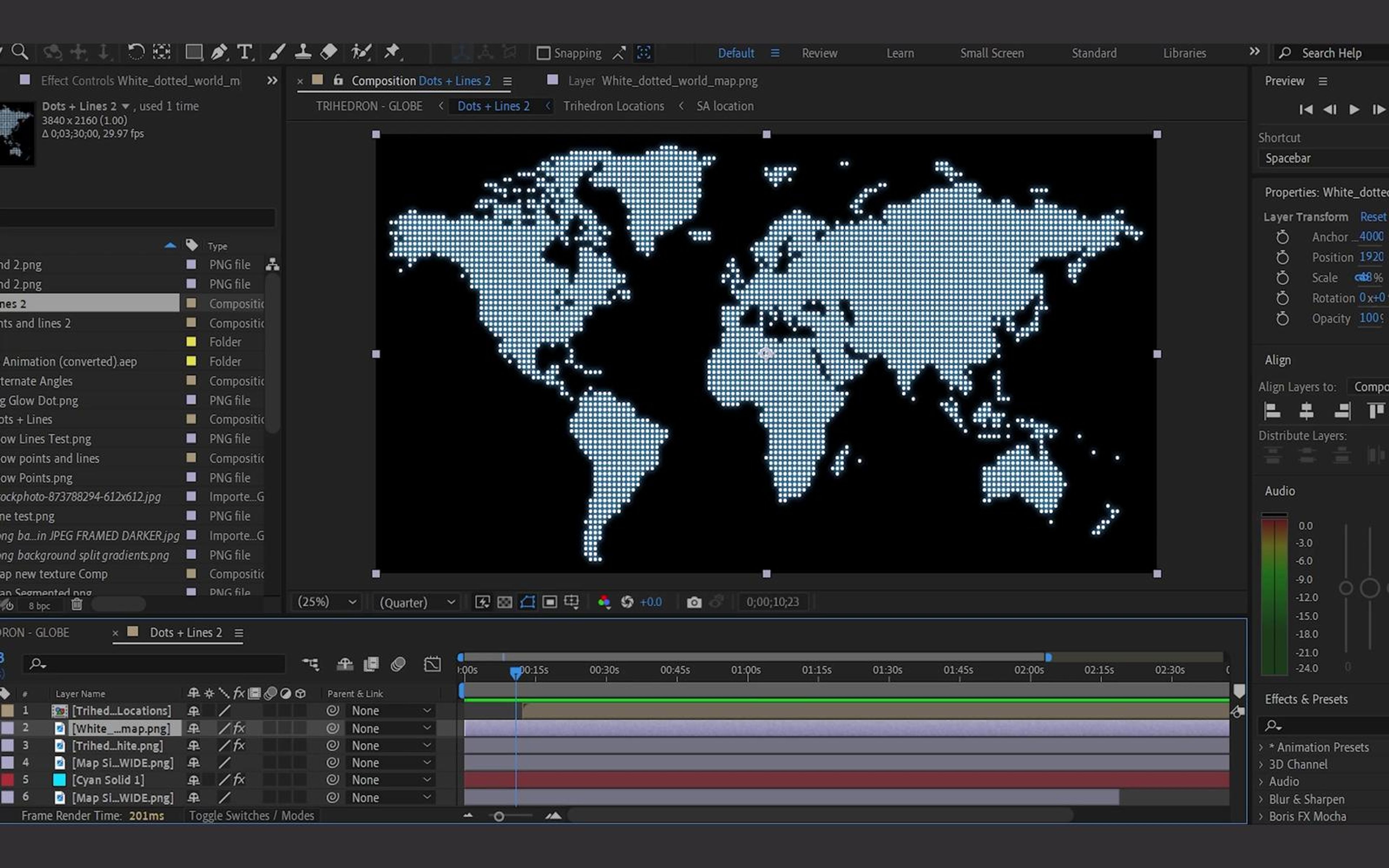 After Effects composition showing the dotted world map layer for the globe