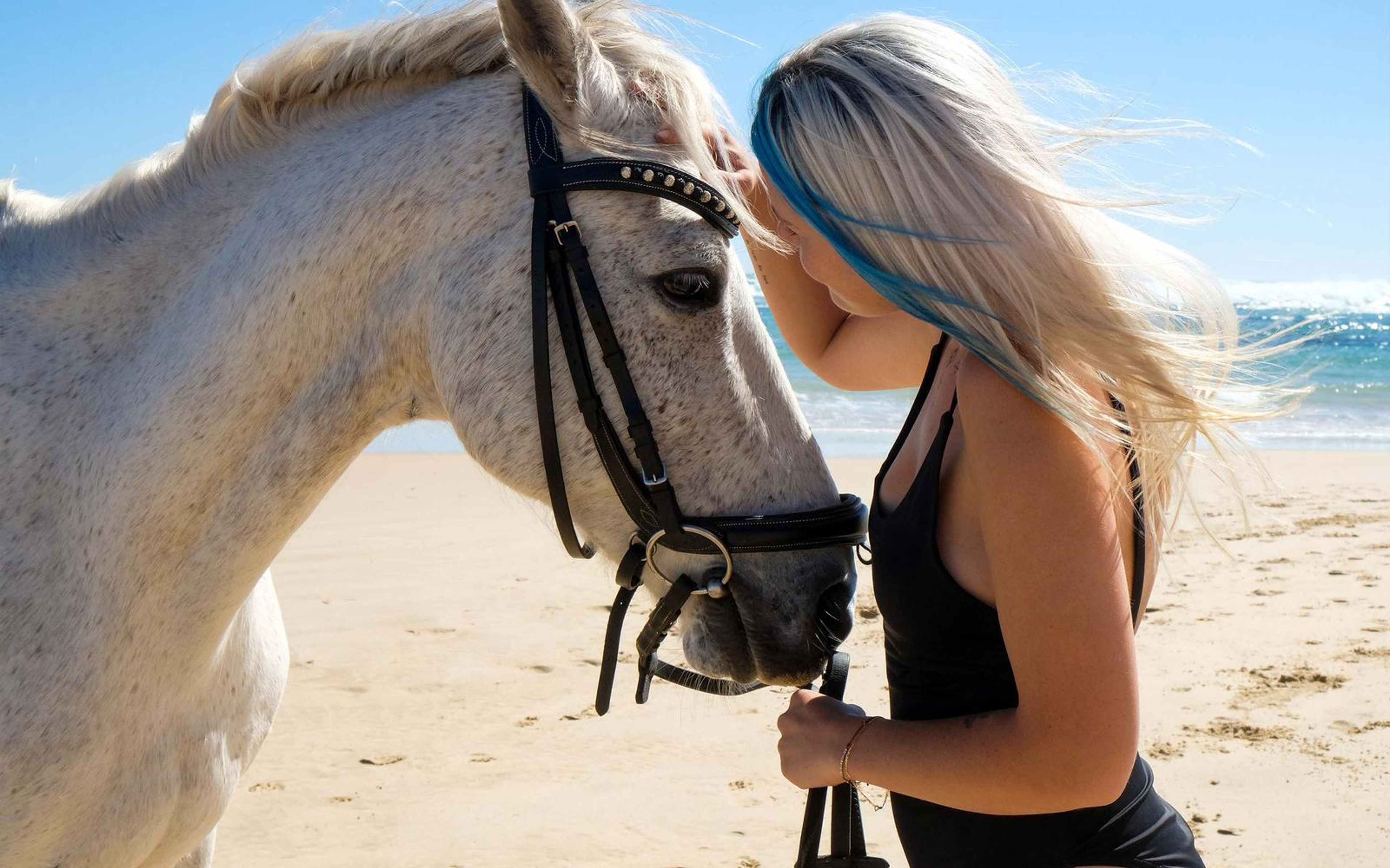 Woman and horse face to face in wind, her long hair blowing against the bridle, sea behind