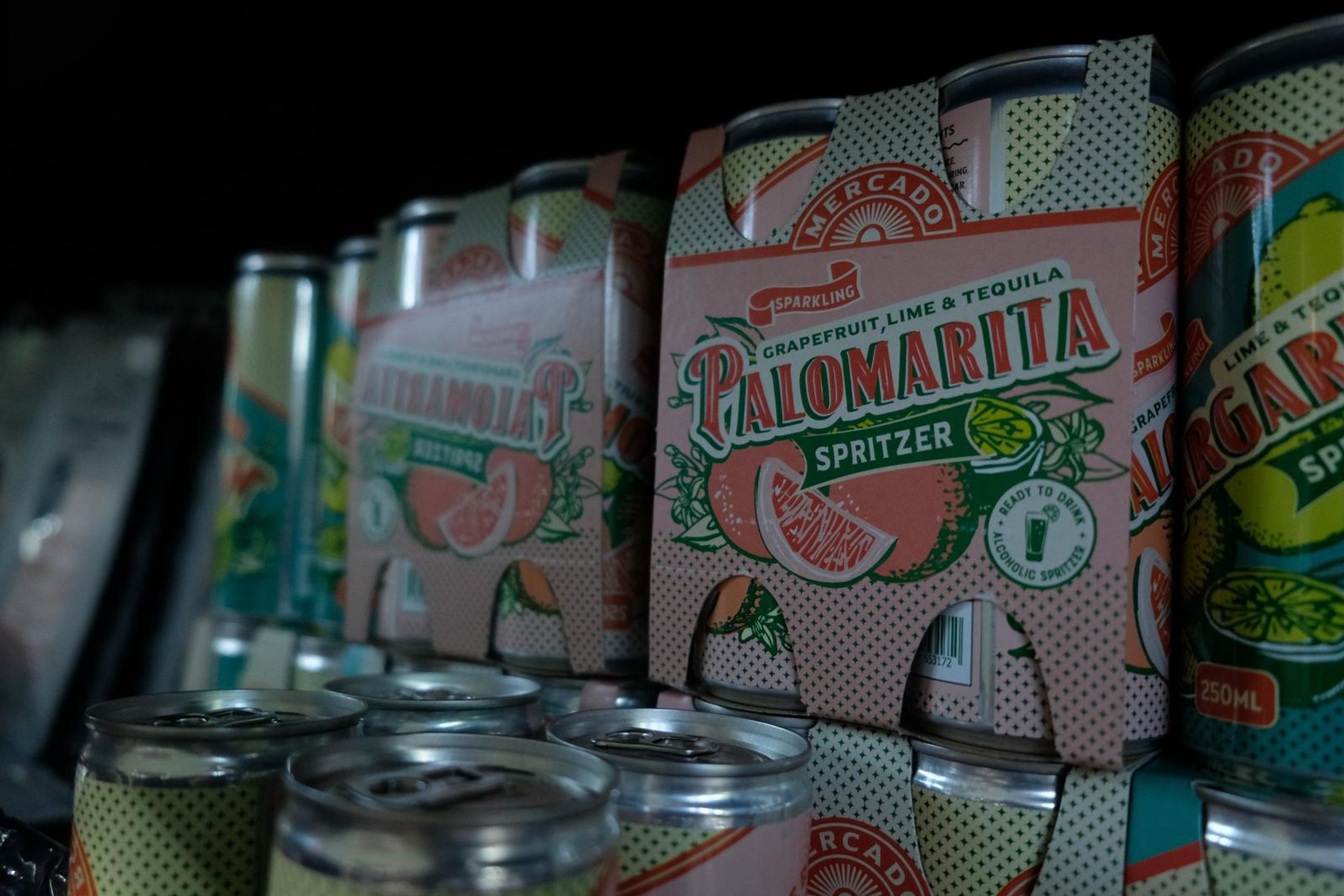 Calomarita grapefruit spritzer cans on the shelf