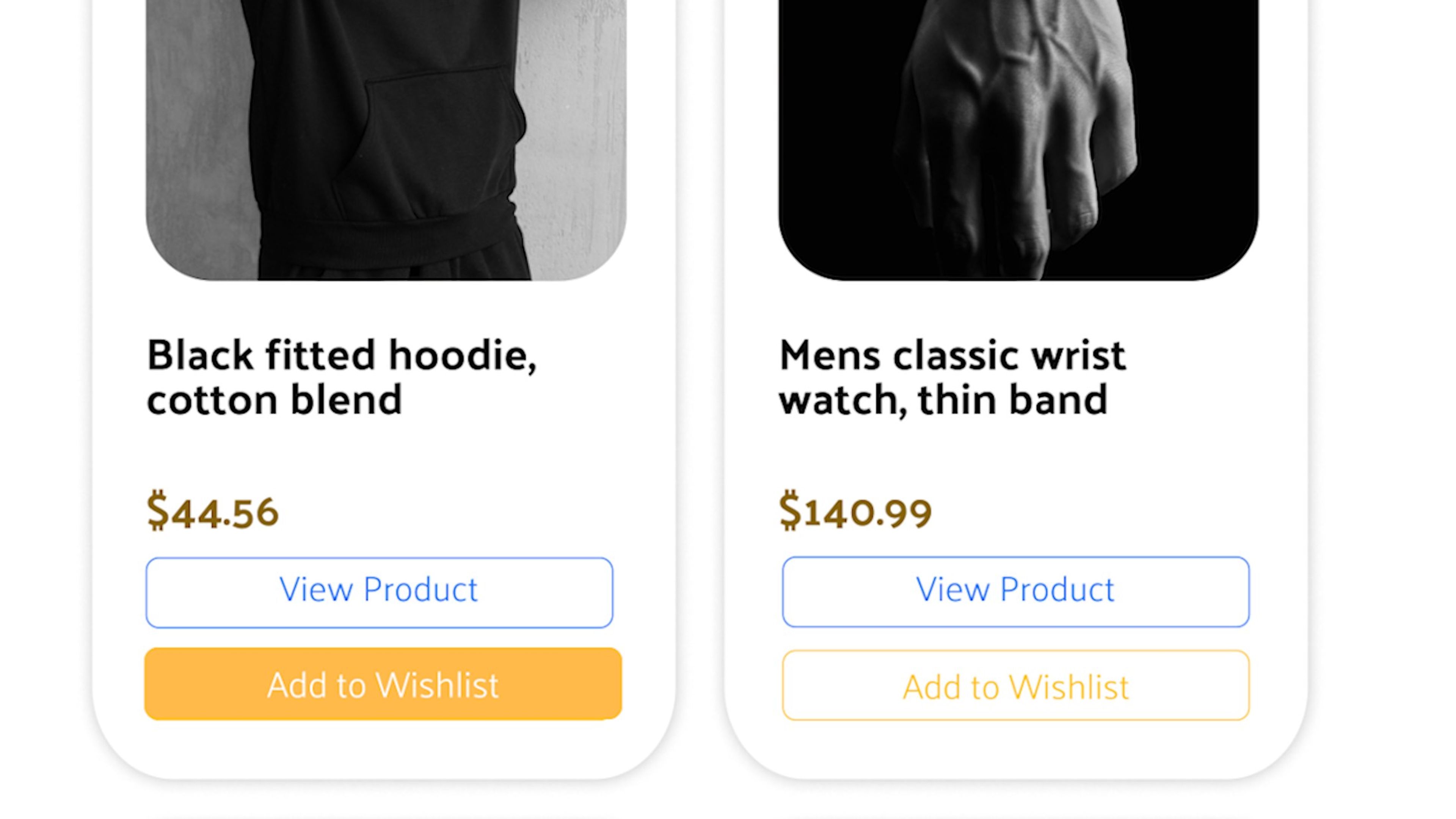 Wishlist product cards showing a hoodie and a classic watch with Add to Wishlist buttons