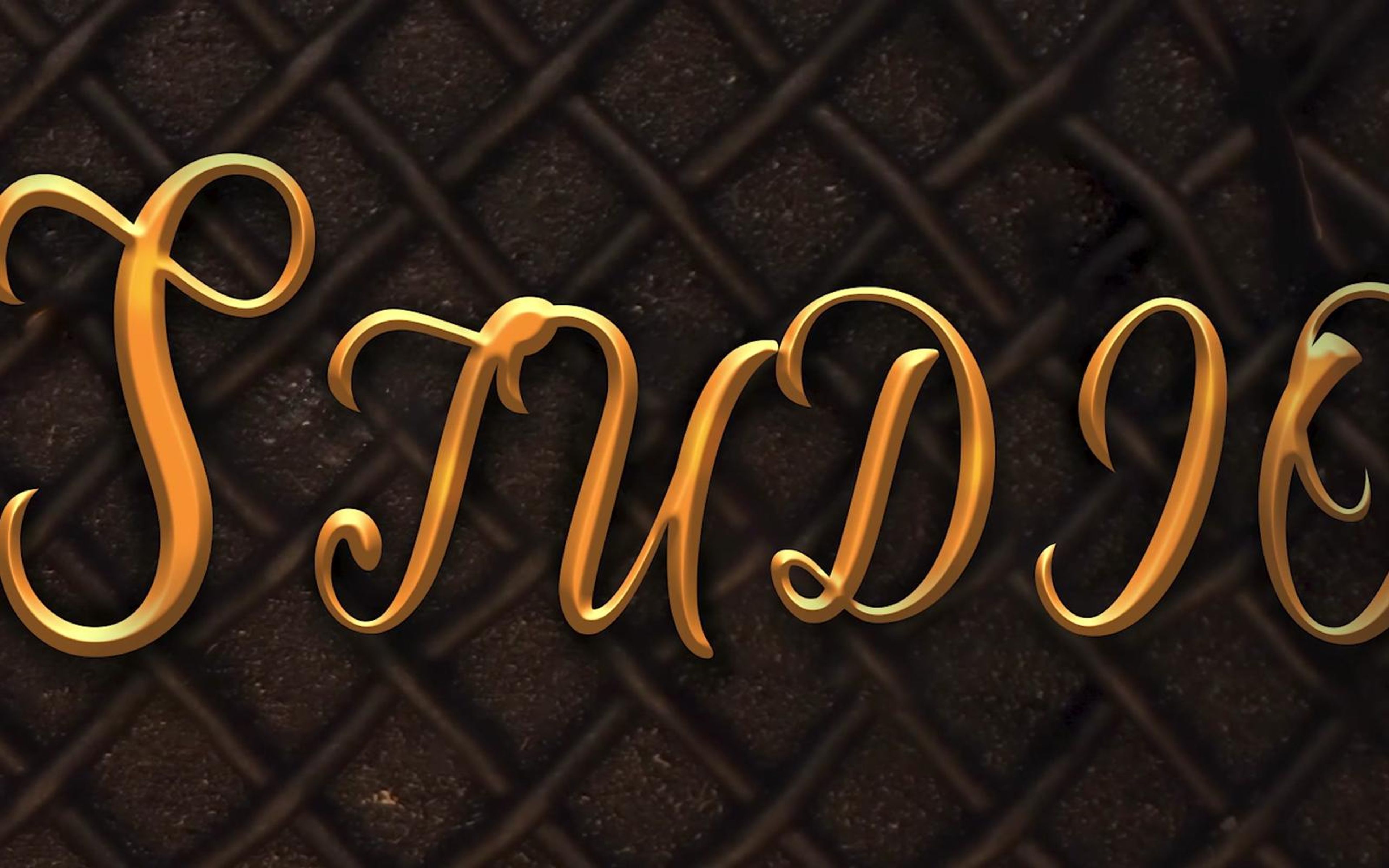 Large gold script lettering reading Studio across amplifier grille cloth