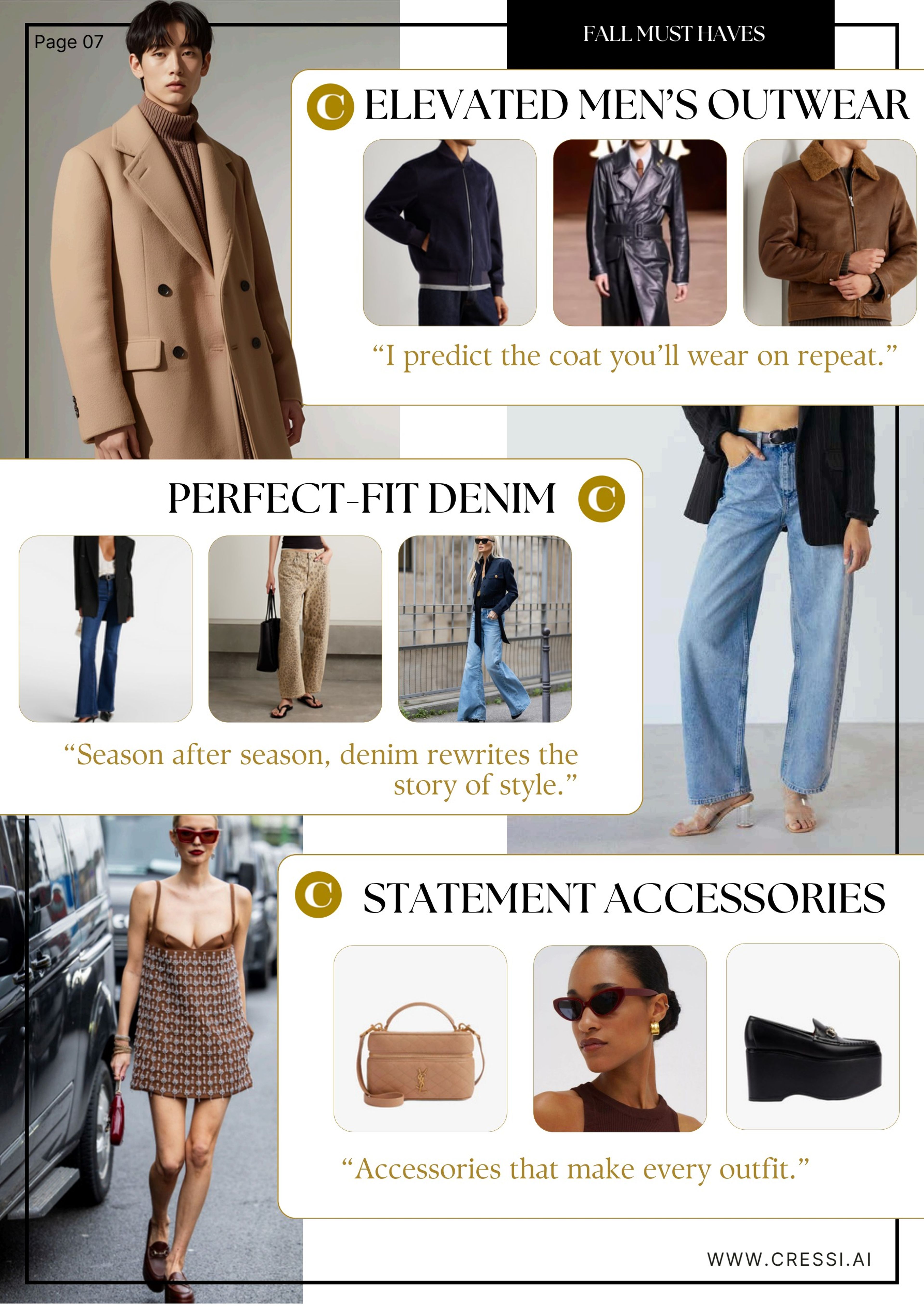 Page 7, 'Fall must haves', with elevated men's outerwear, perfect-fit denim and statement accessories