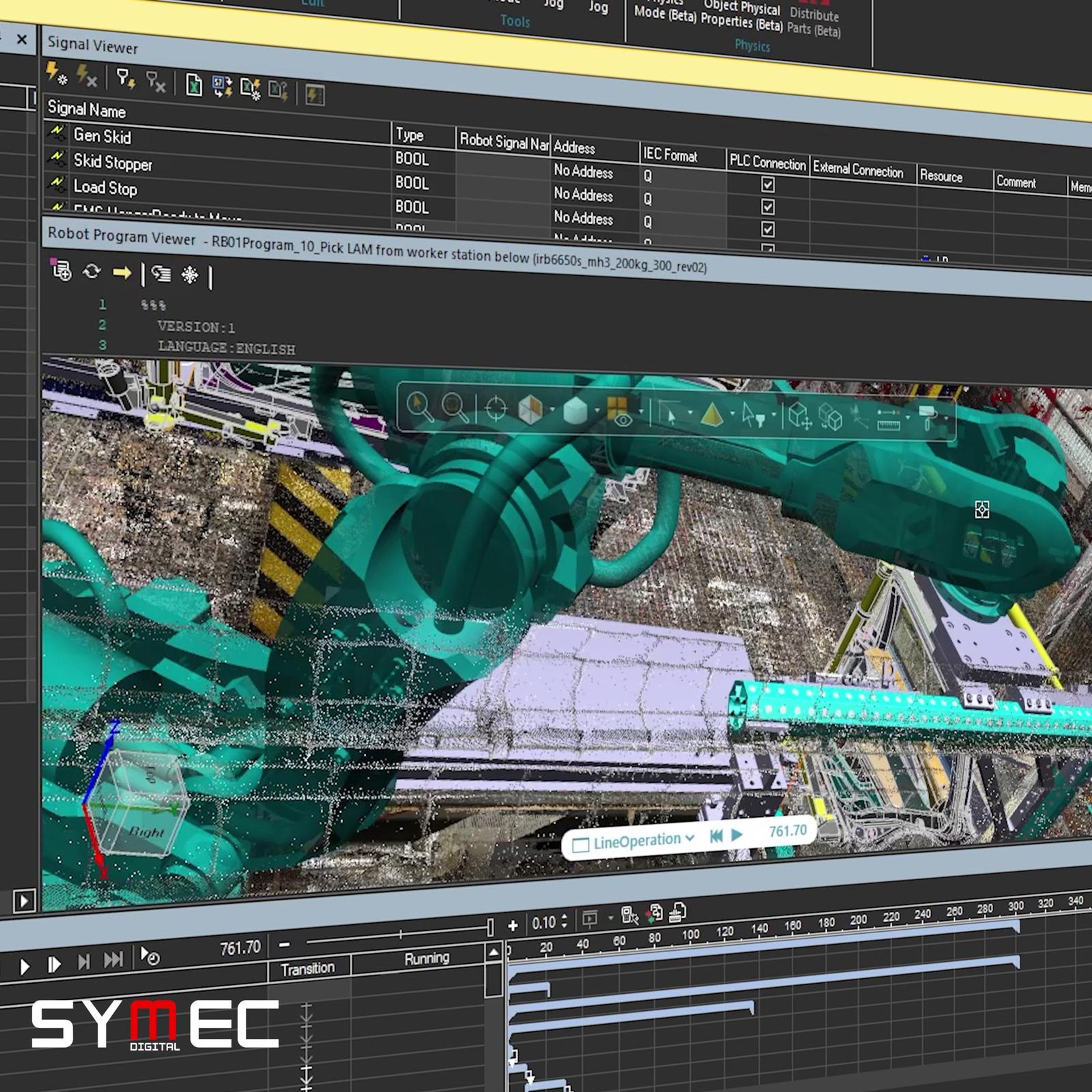 Square cut of a cyan wireframe robot cell
