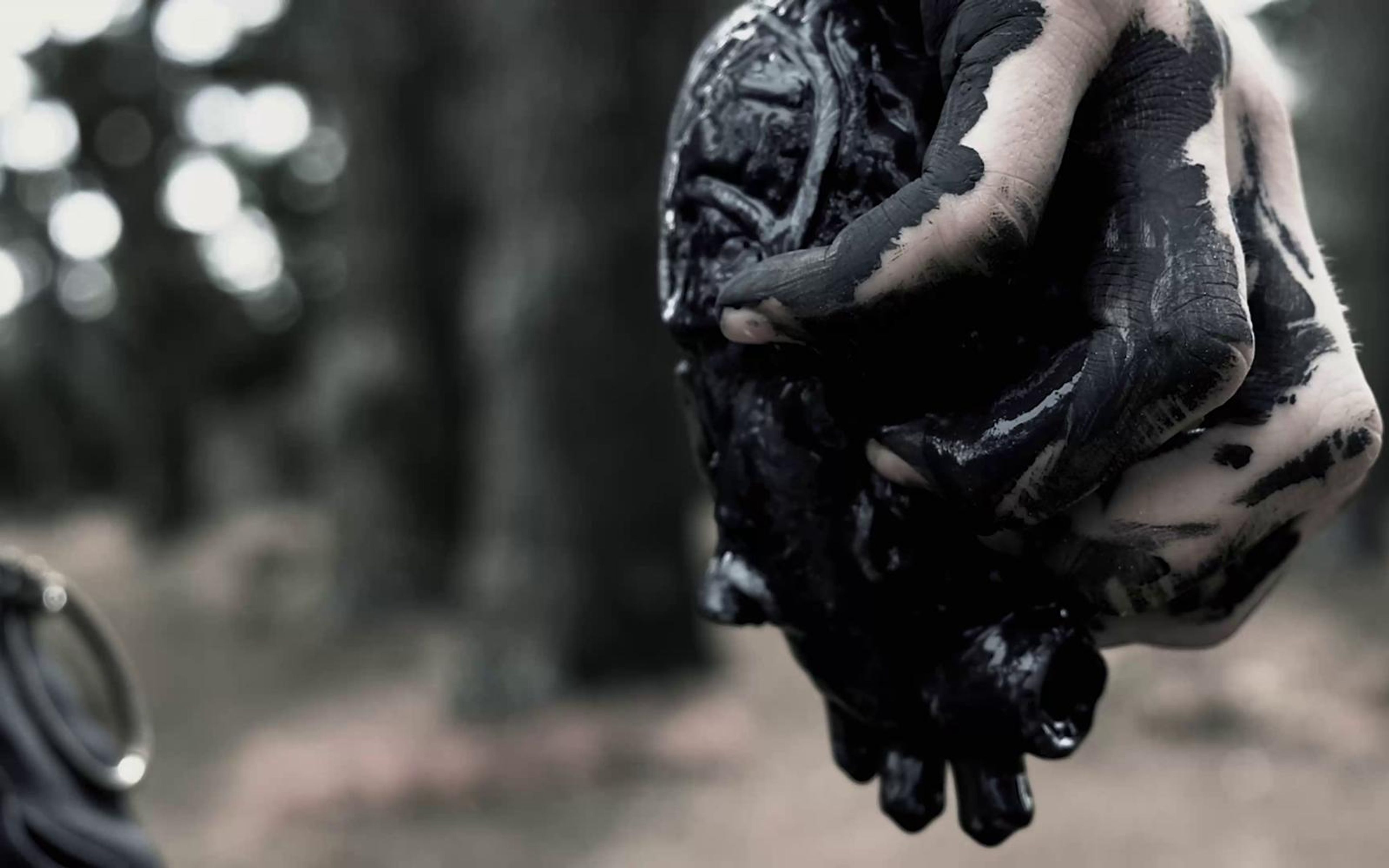 Hands holding a dark glossy object against a blurred forest backdrop