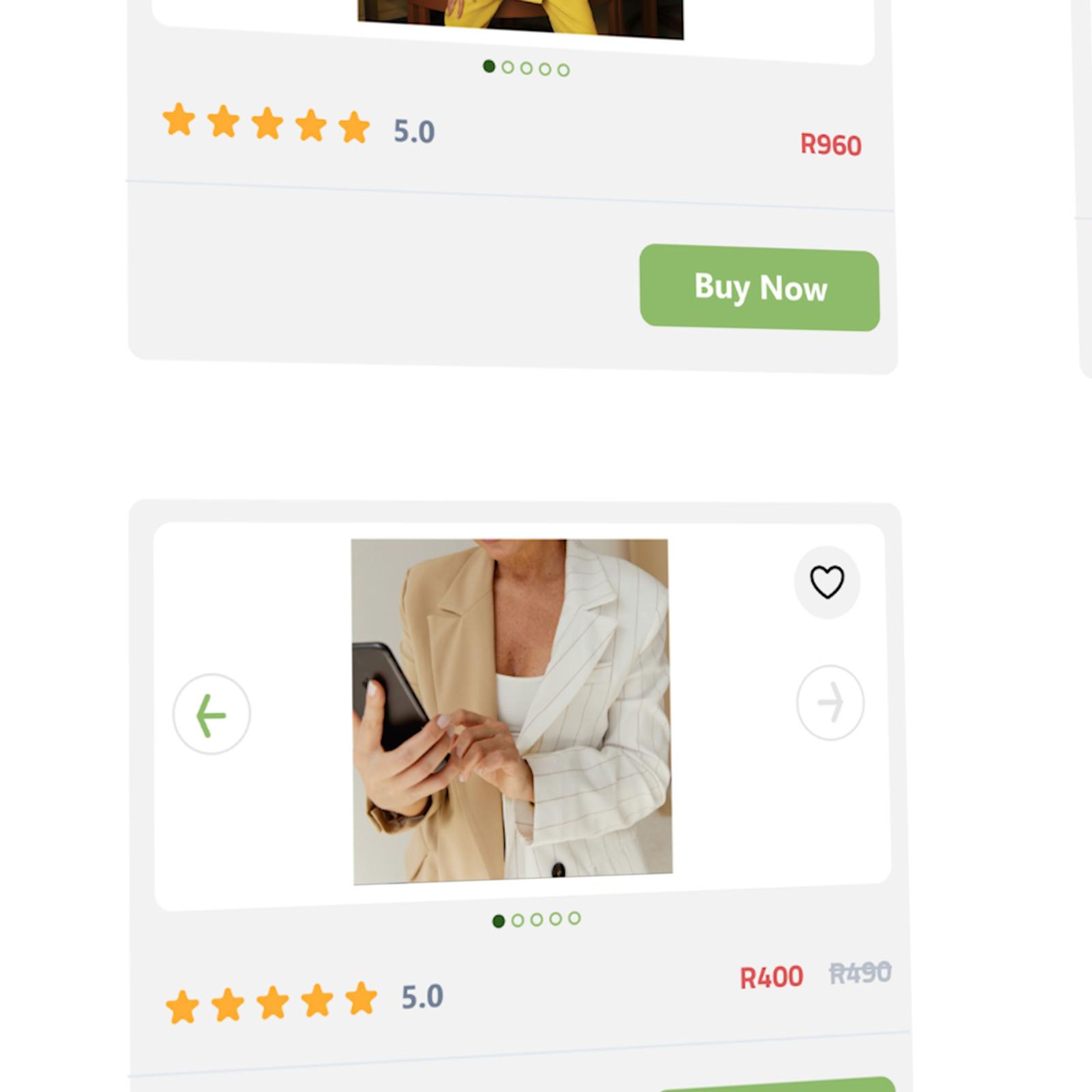 Square frame of product cards with ratings, prices and buy buttons