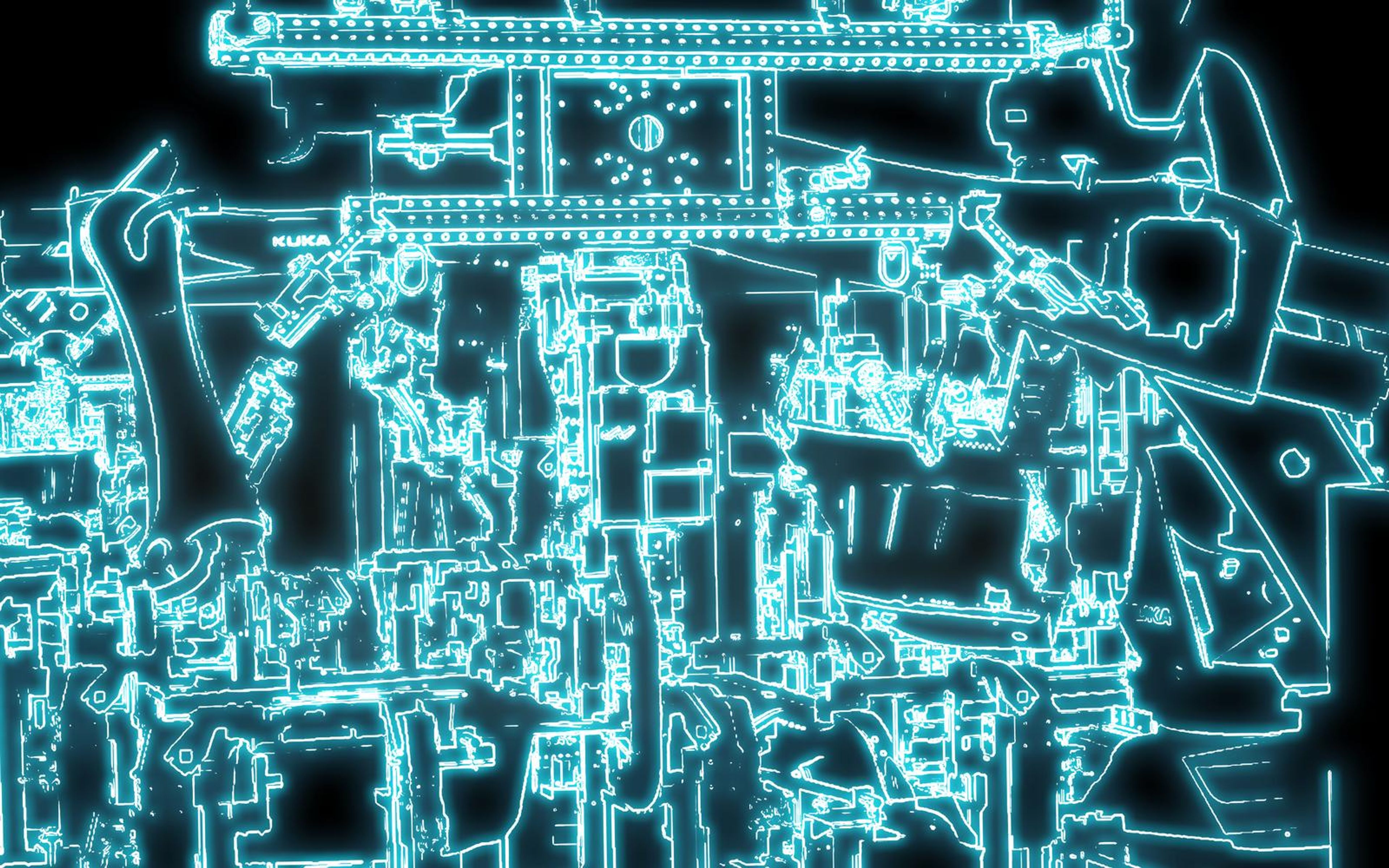 Neon wireframe background of a machine in glowing cyan