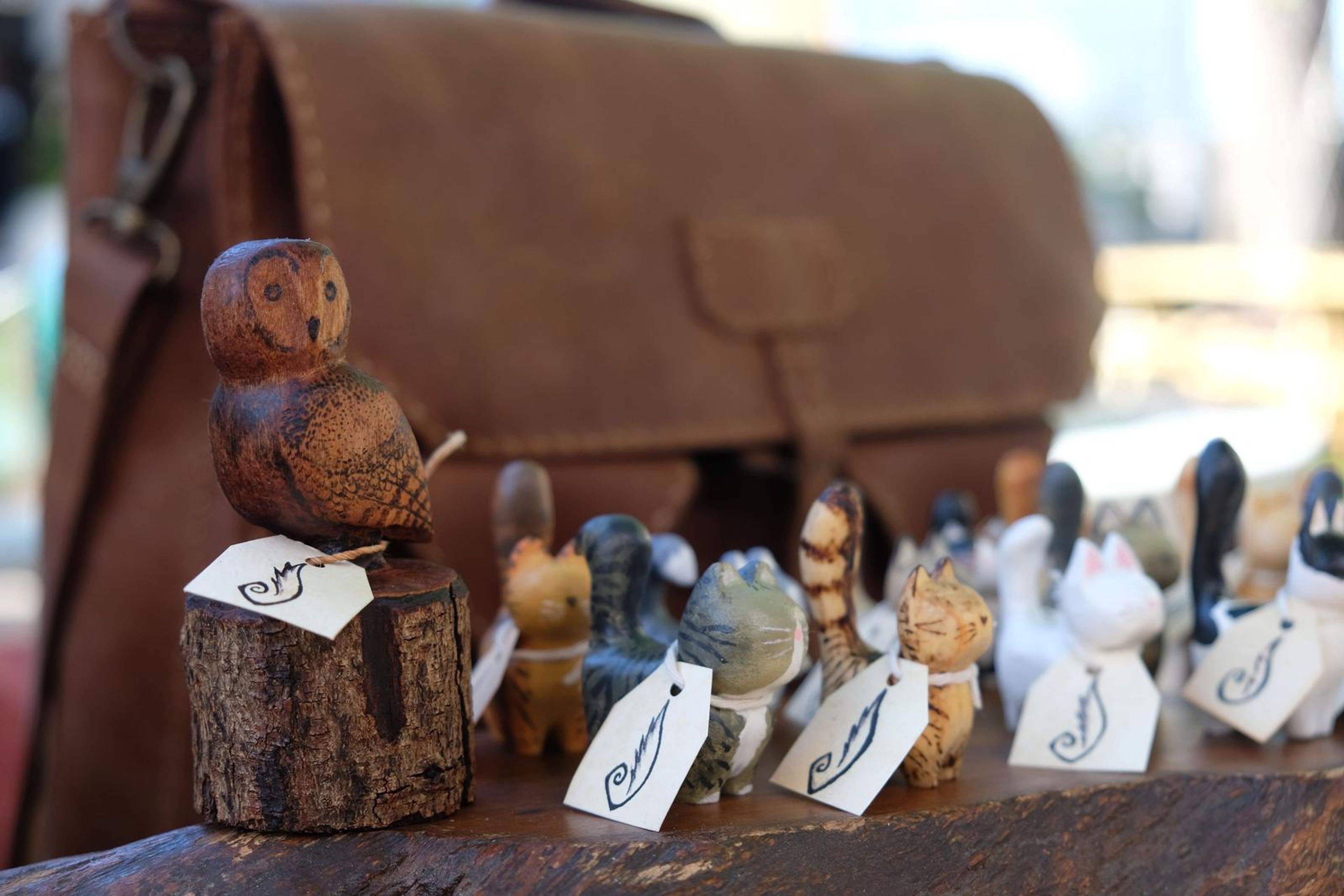 Carved wooden owl on a log stand in front of a leather satchel