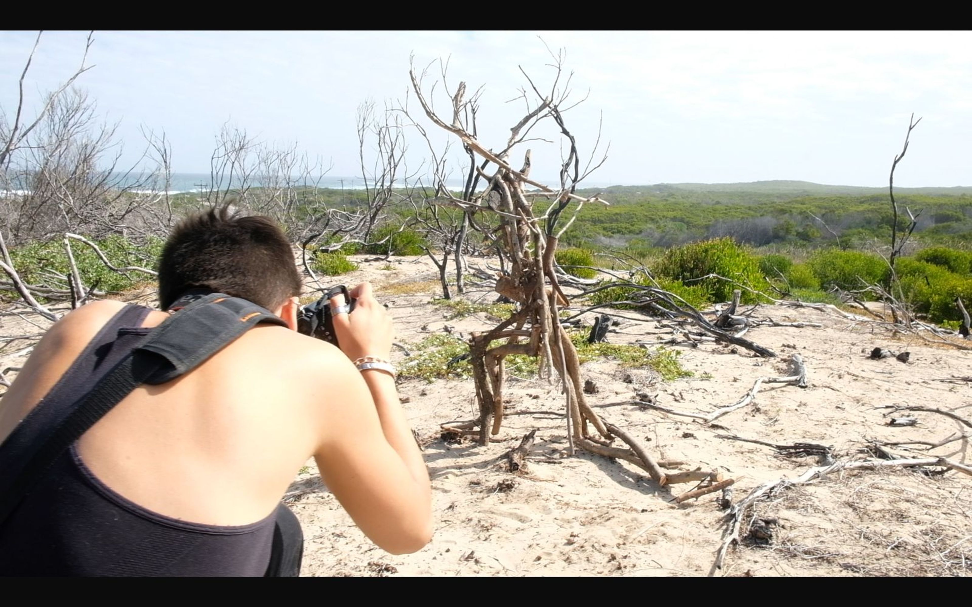 Person in a dark top photographing a bare branch figure on pale sand, green scrub and sea behind