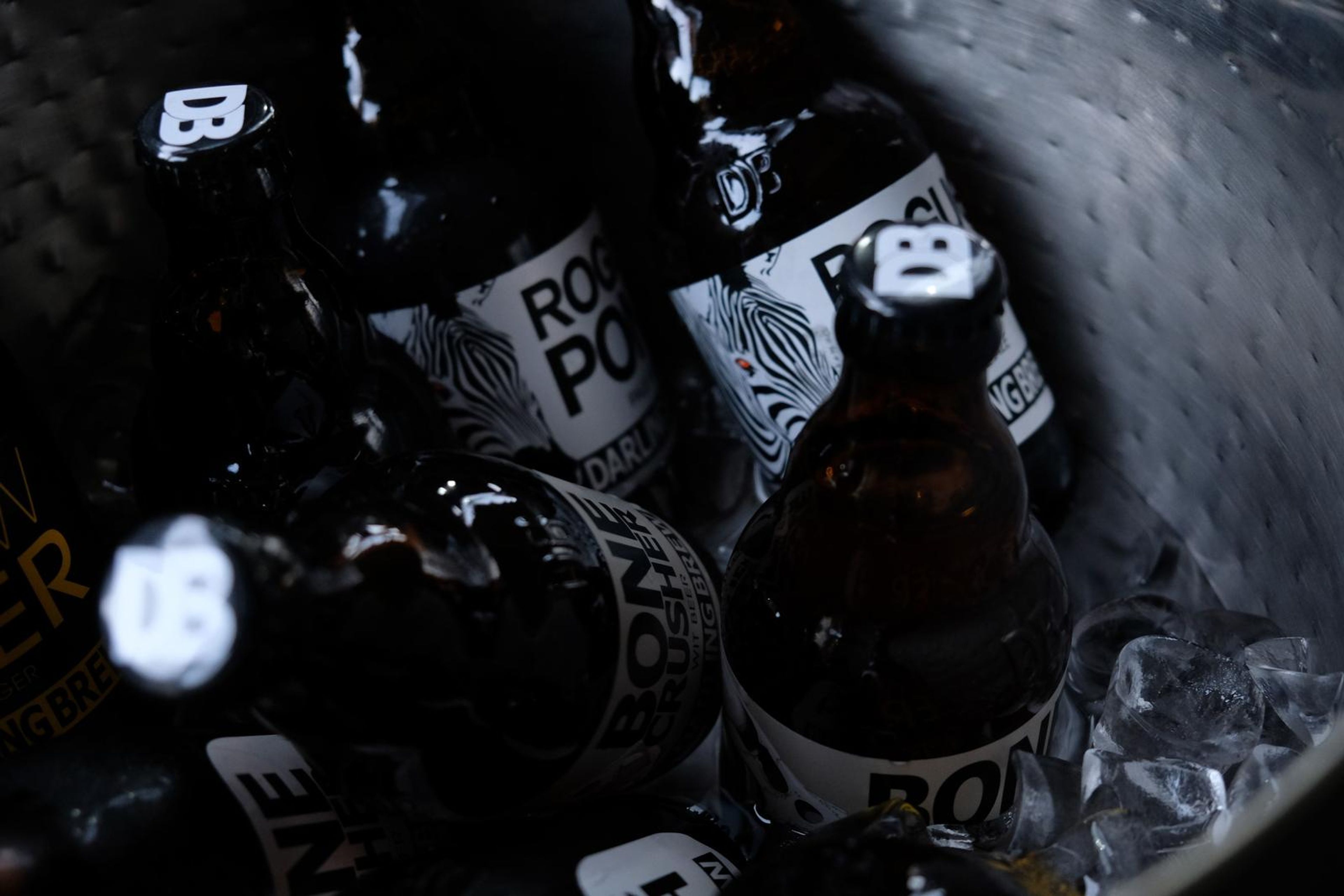 Rockpool beer bottles chilling in an ice bucket