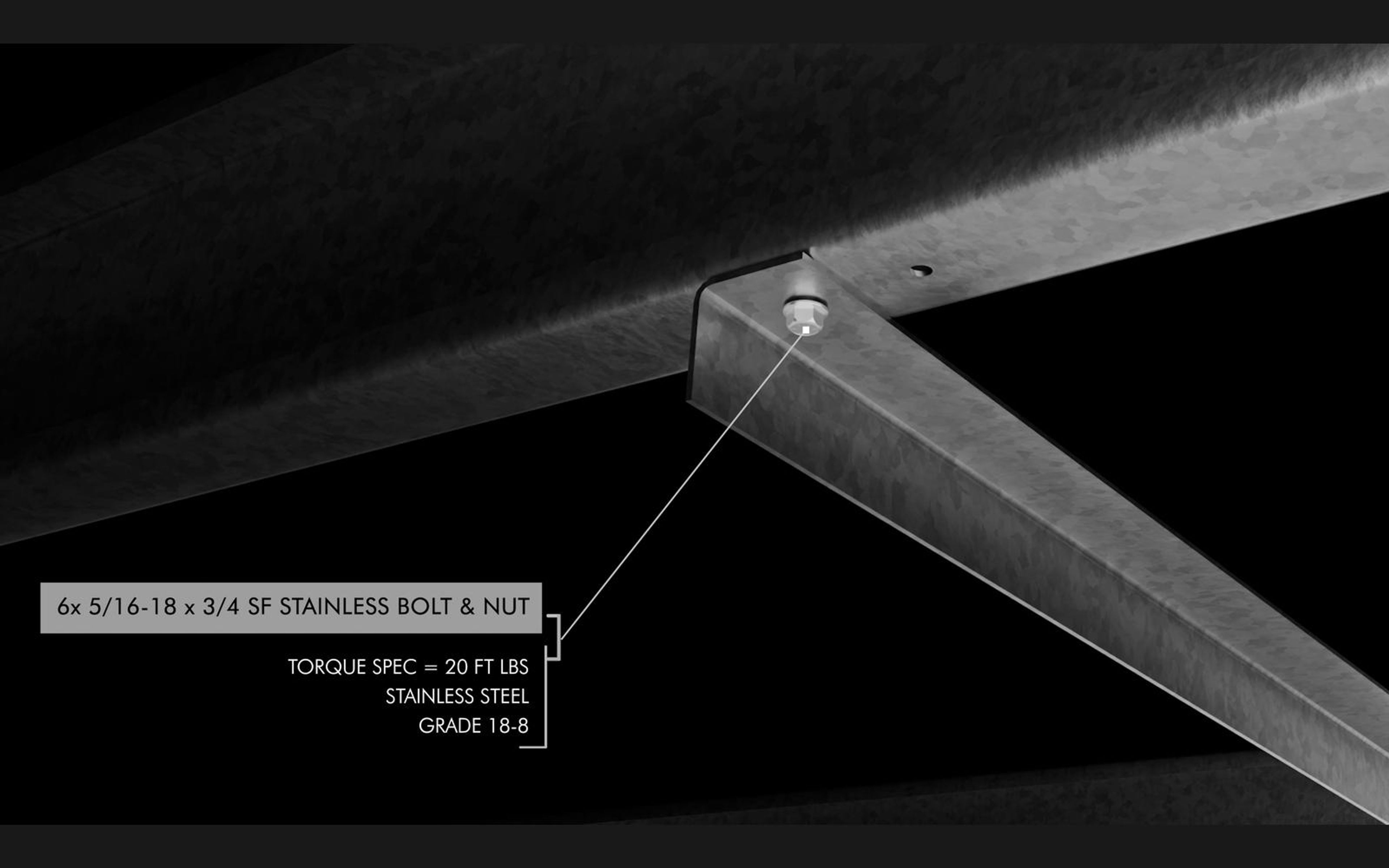 Callout on a stainless bolt and nut at a strongback joint