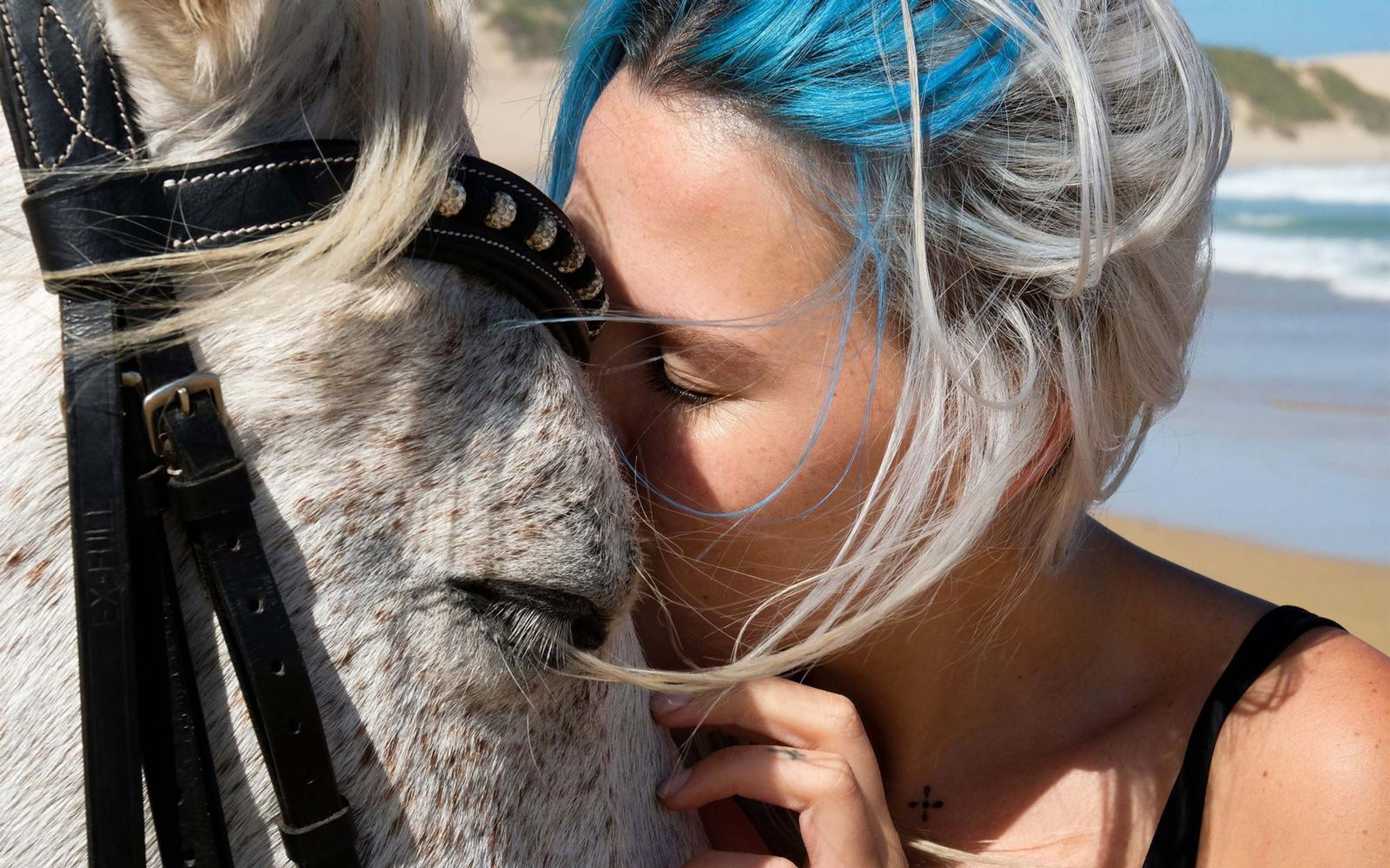 Woman's face pressed to a horse's bridled head with hair blowing and sea behind, colour edit