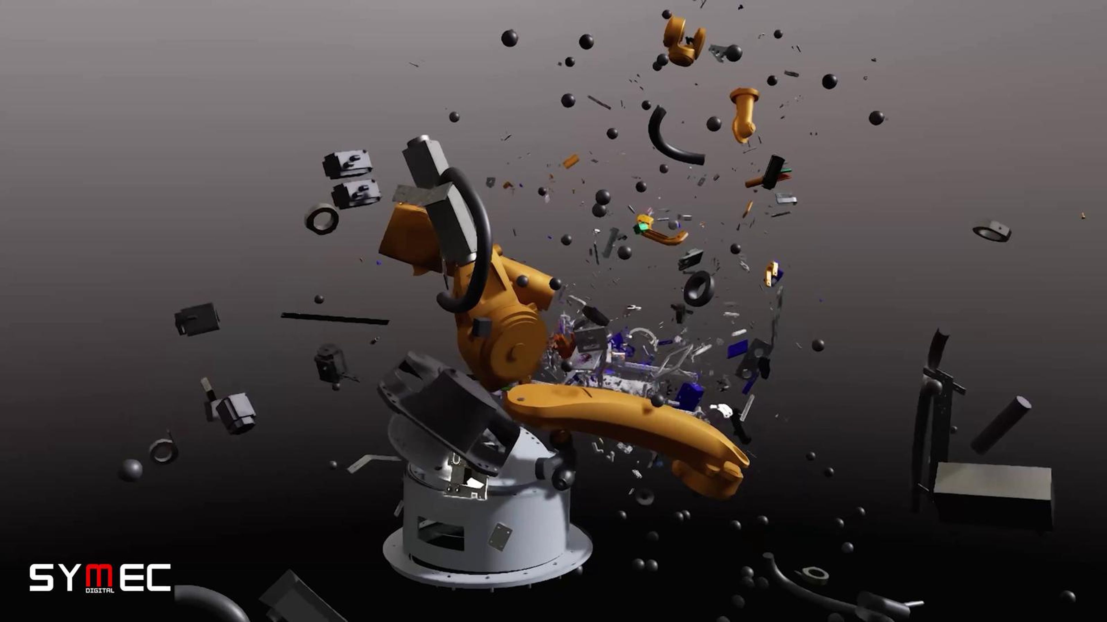 Robot arm bursting into parts against a white background