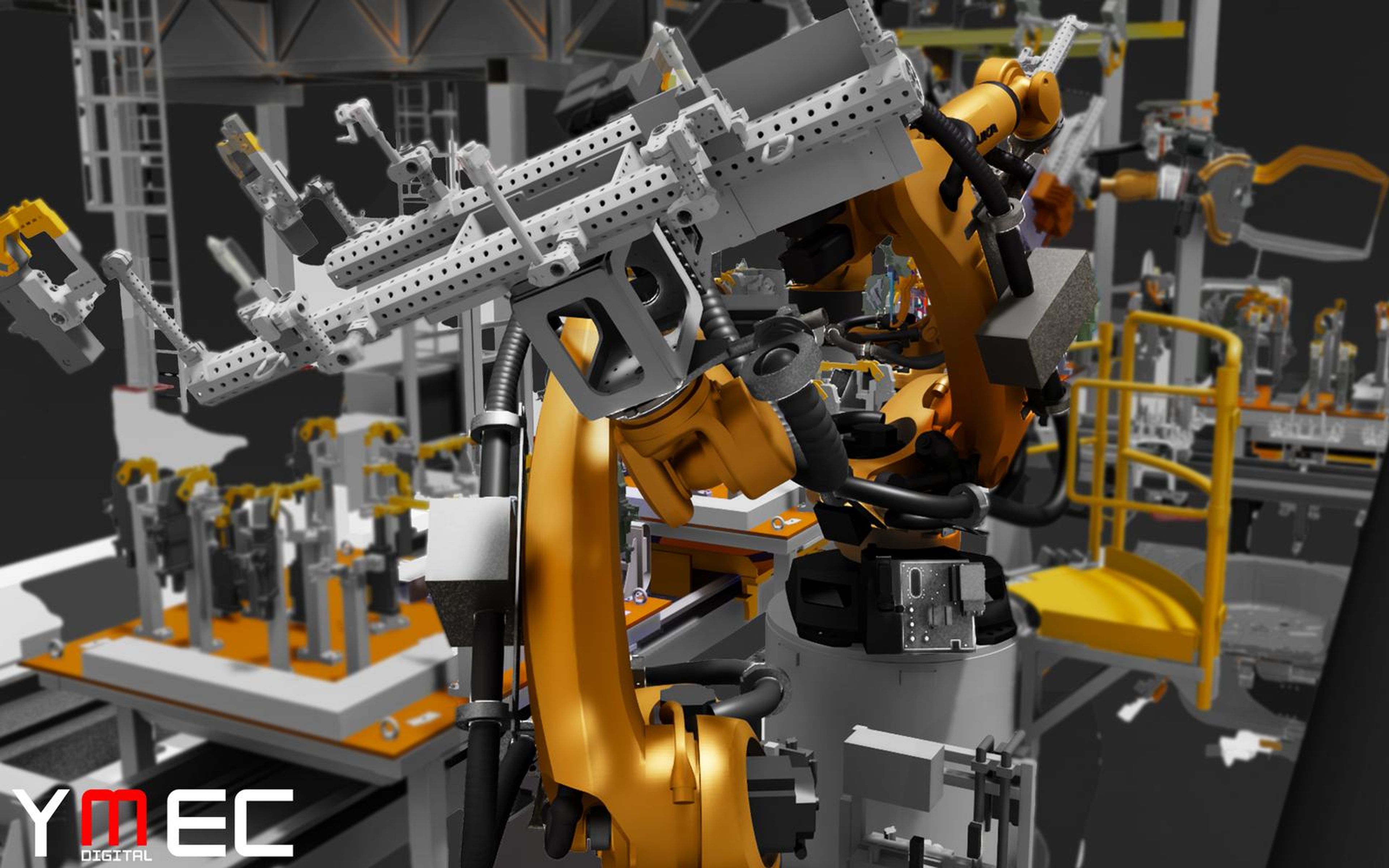 Orange robot cell simulation with a blur effect and the Symec logo