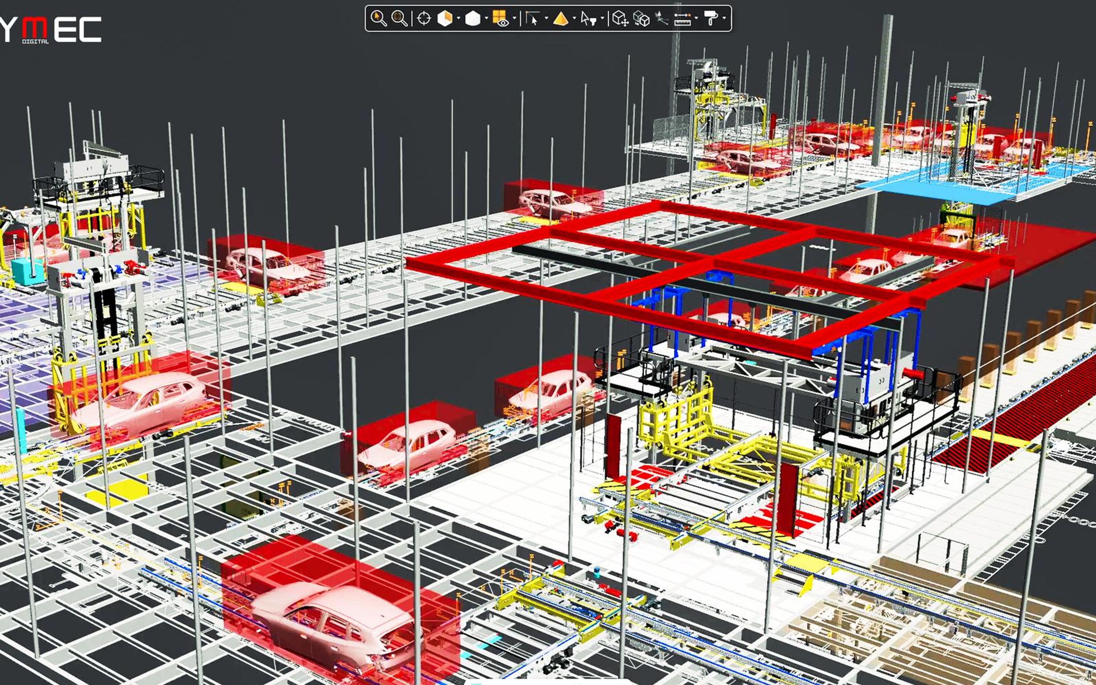 Automation line simulation with the Symec logo added