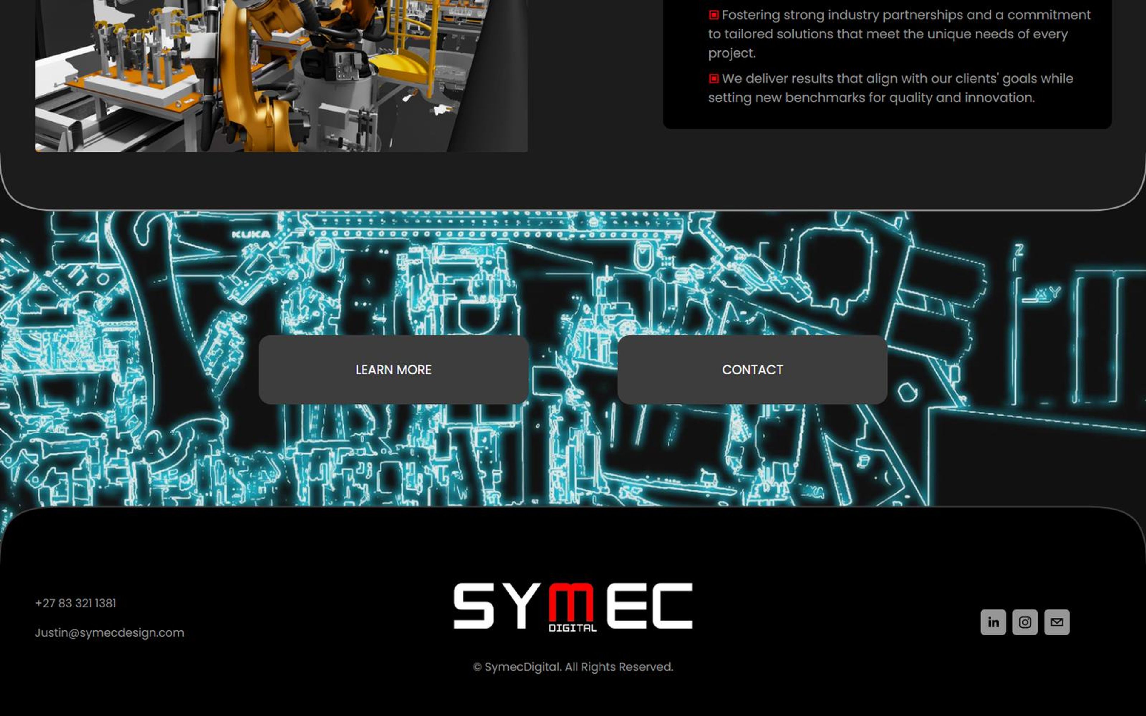 Home page call to action over neon wireframe artwork and the footer with the logo and social links