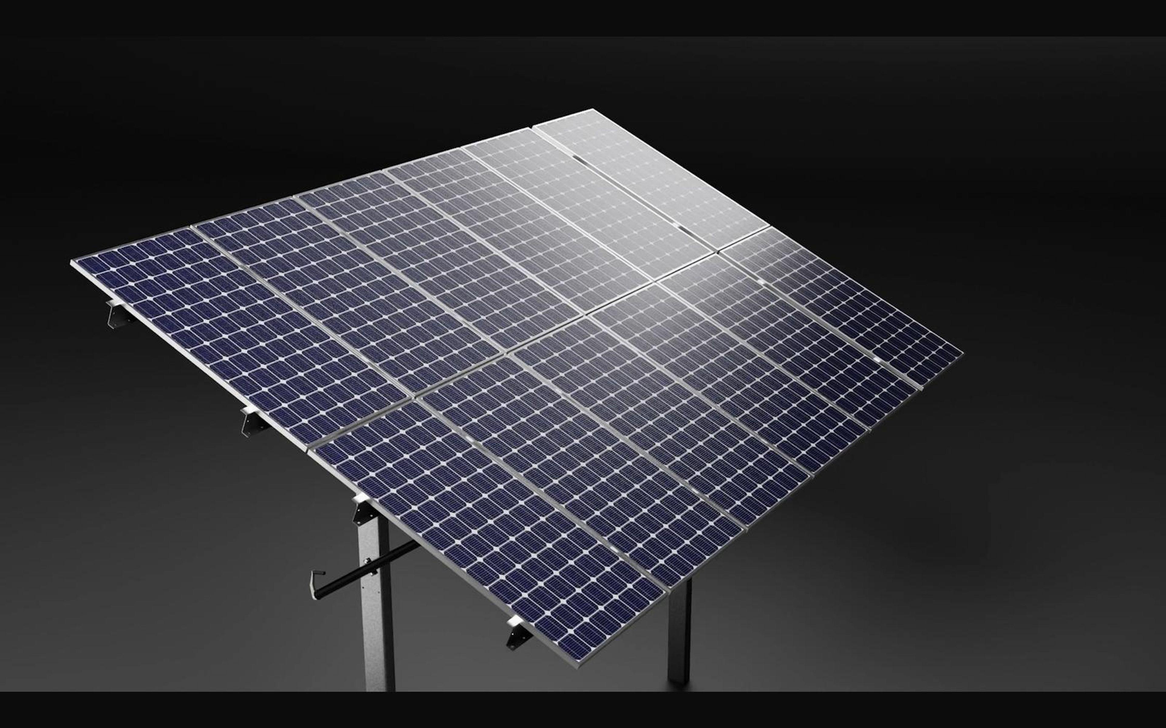 Large tilted solar panel array seen from above