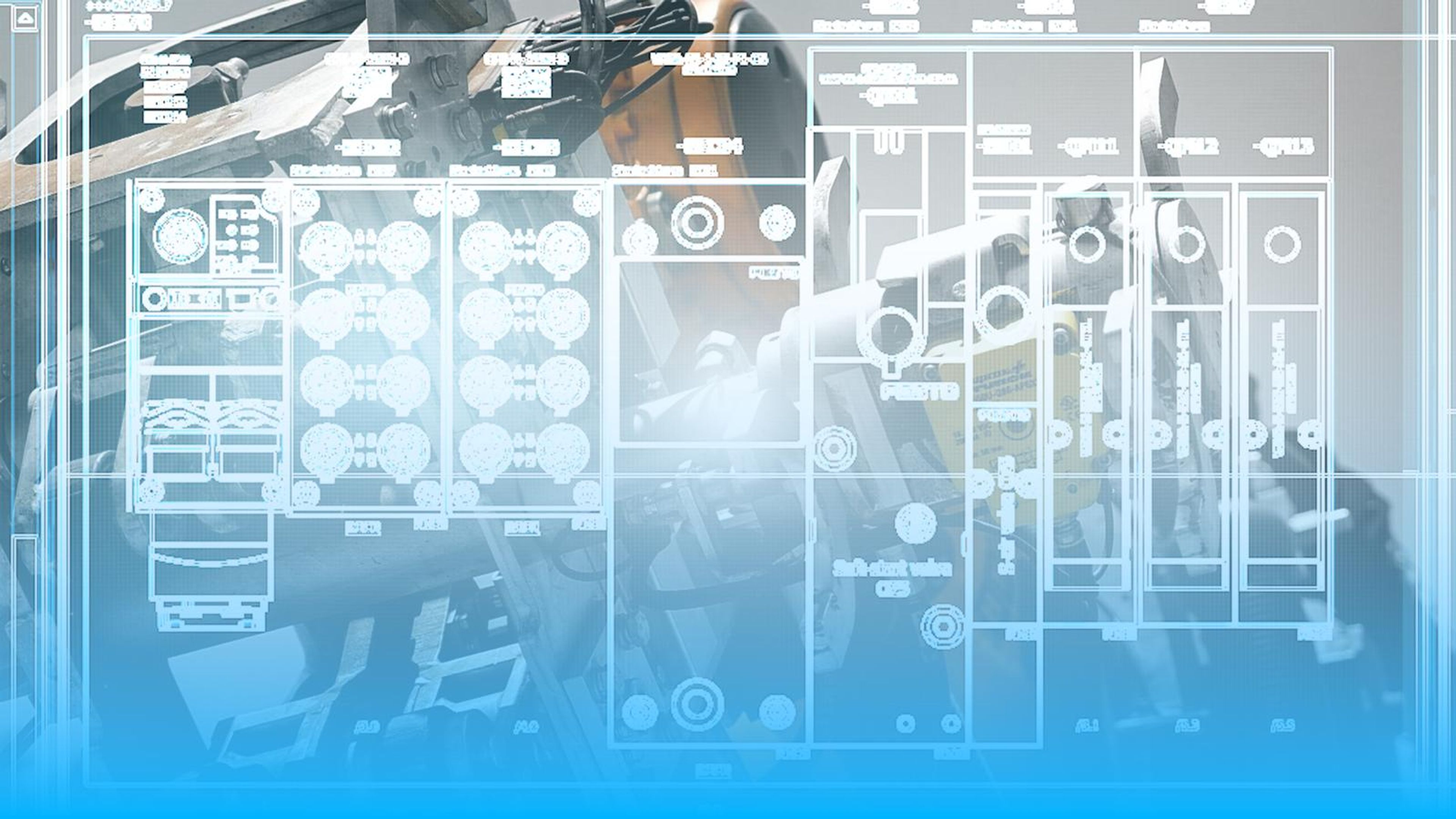 Pale technical backdrop of a control panel and robotic machinery fading into a blue gradient