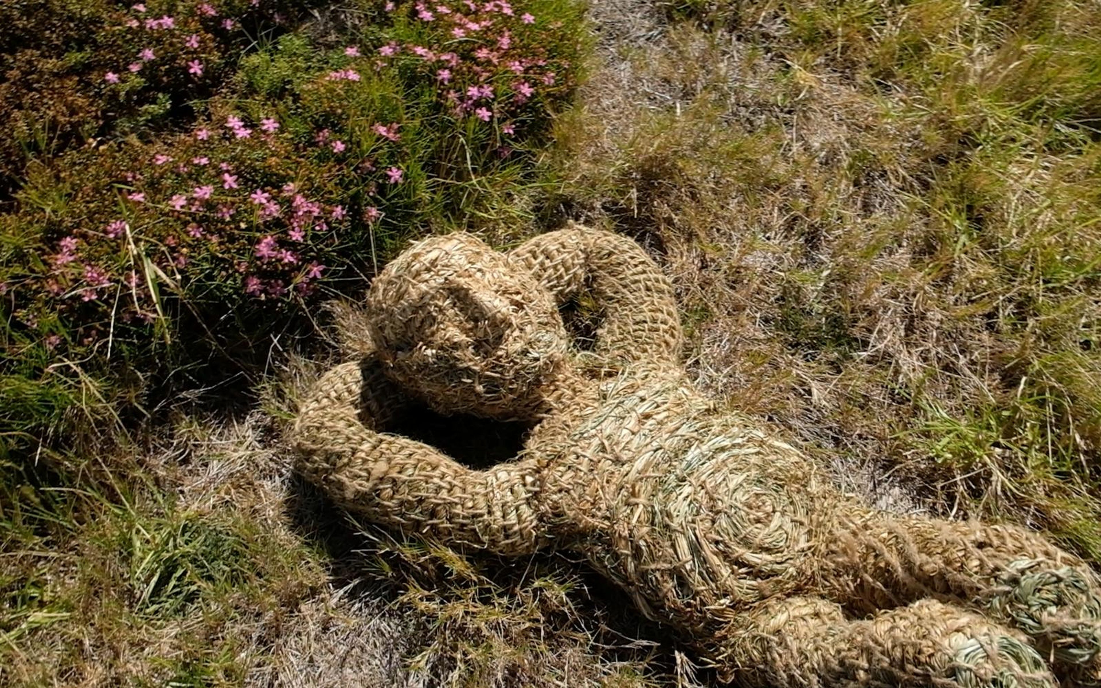 Woven grass figure reclining beside pink wildflowers with one hand behind its head