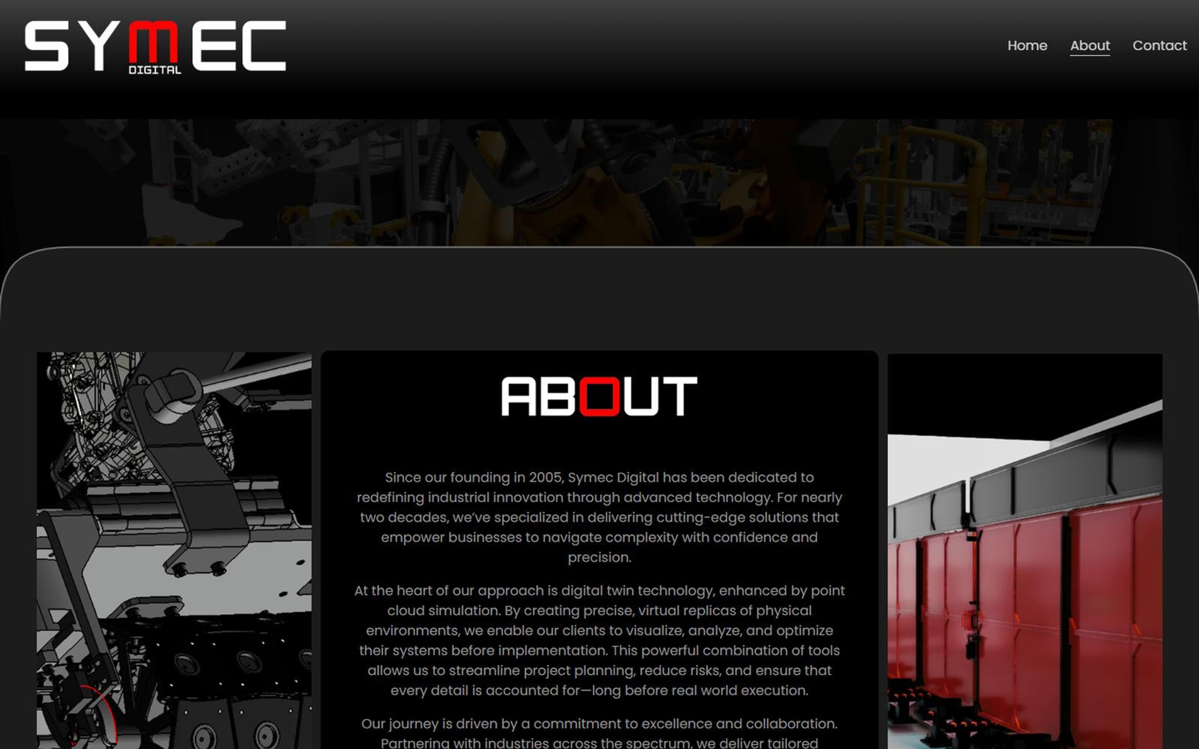 About page header and the company story card between two simulation images