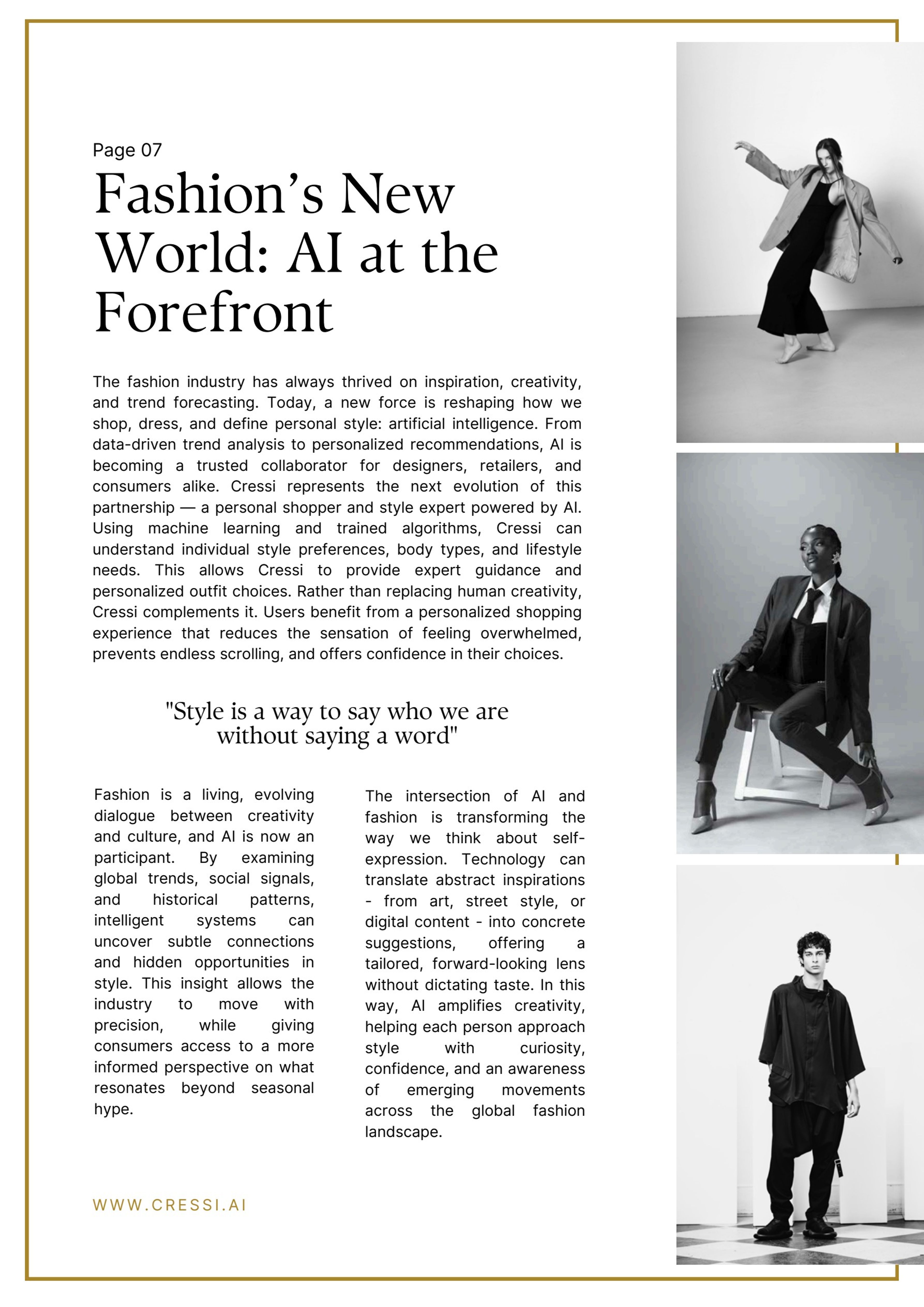 Essay page 'Fashion's new world: AI at the forefront', set in two columns beside black-and-white fashion photographs