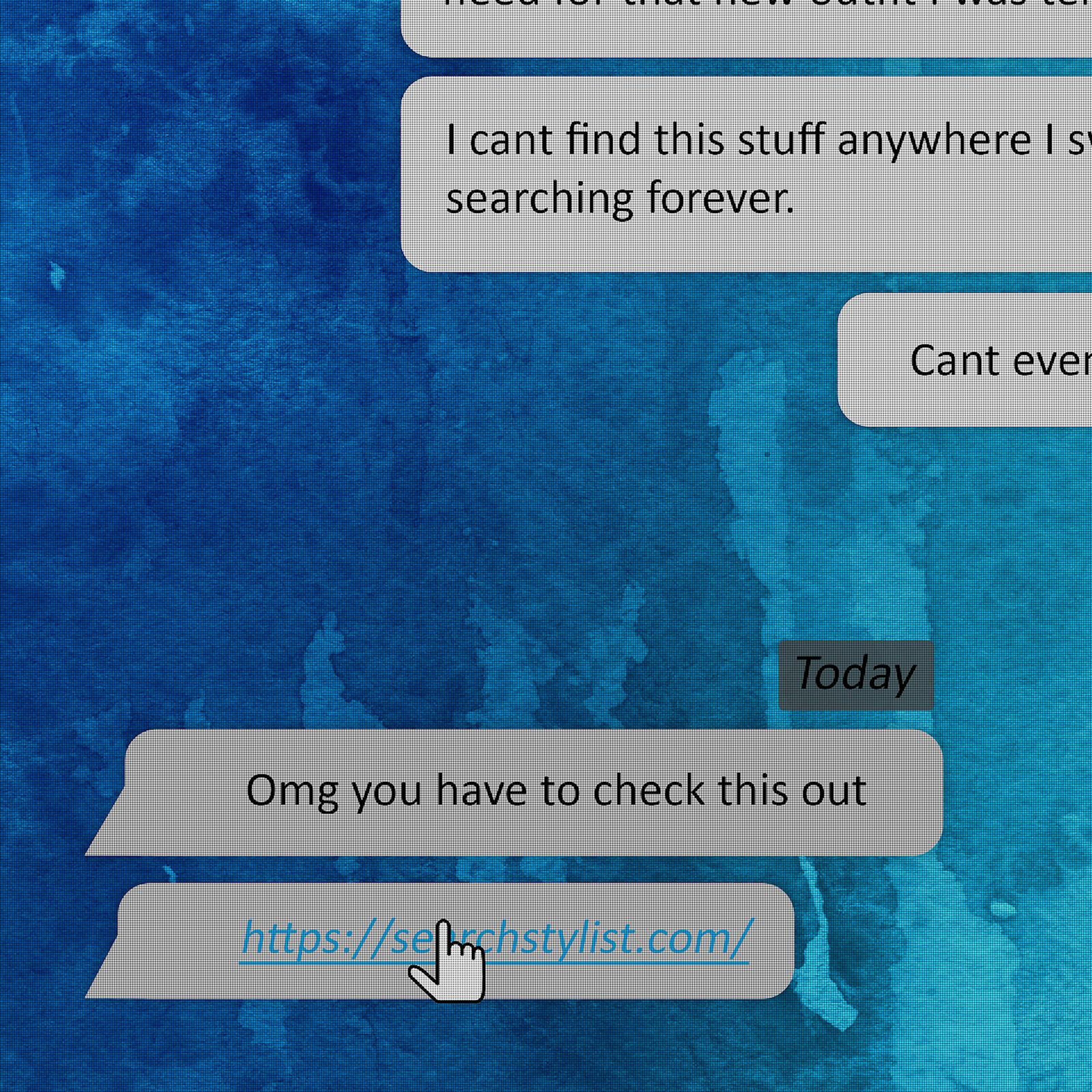 Square frame of a chat message sharing a link to The Search Stylist