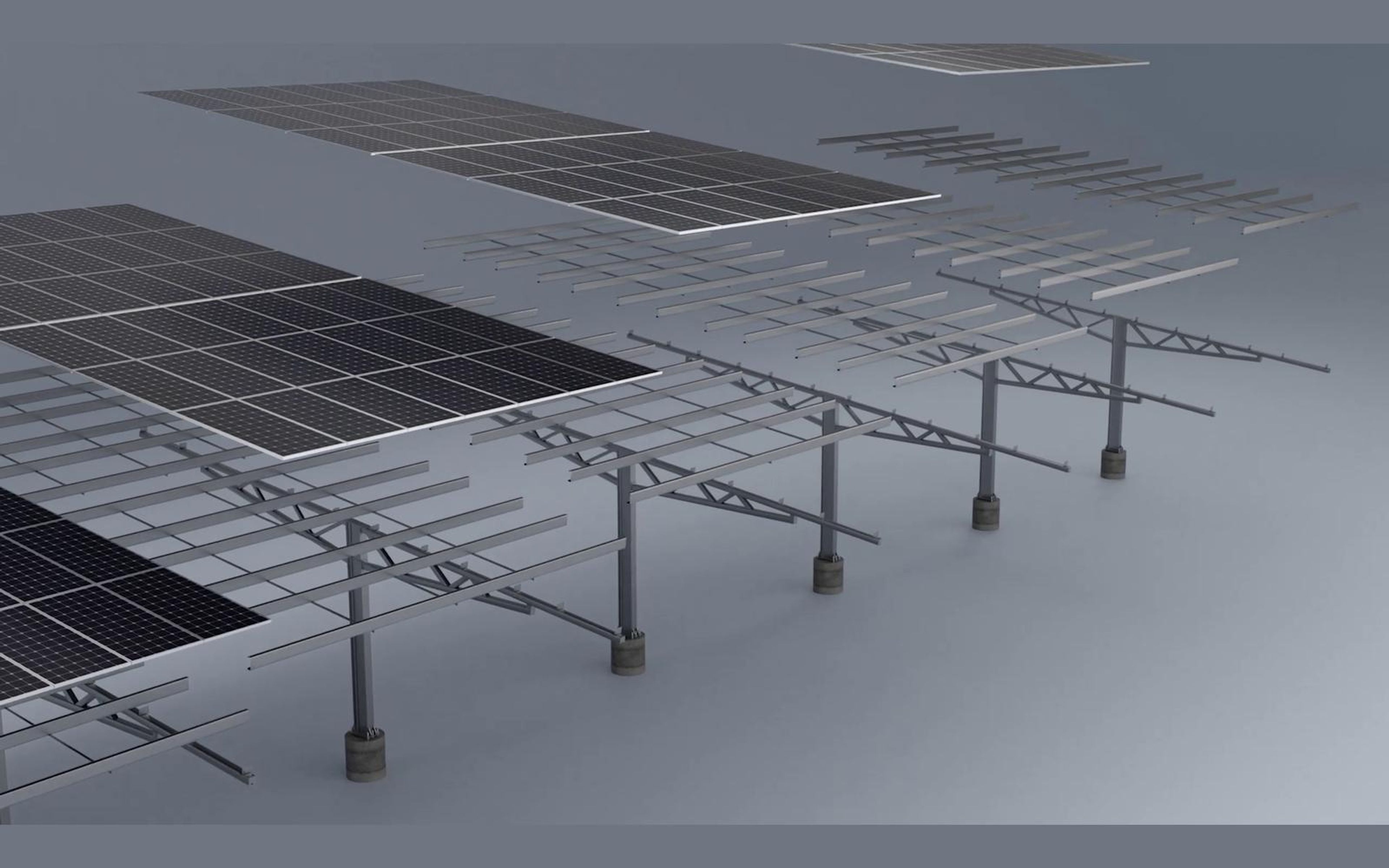 Long carport canopy with solar panels running east to west