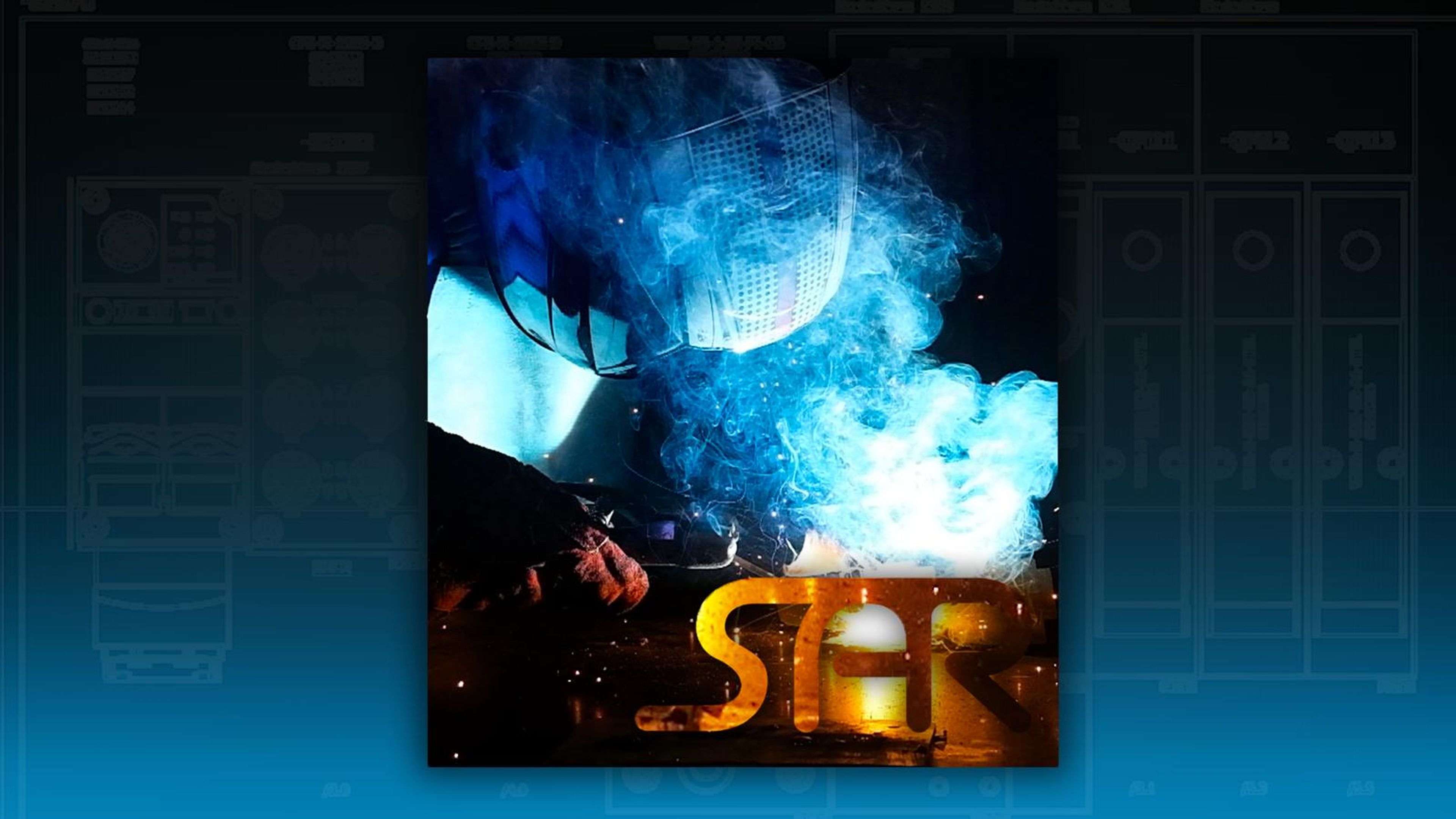 Welding arc framed on a blue gradient with an orange SAR logo