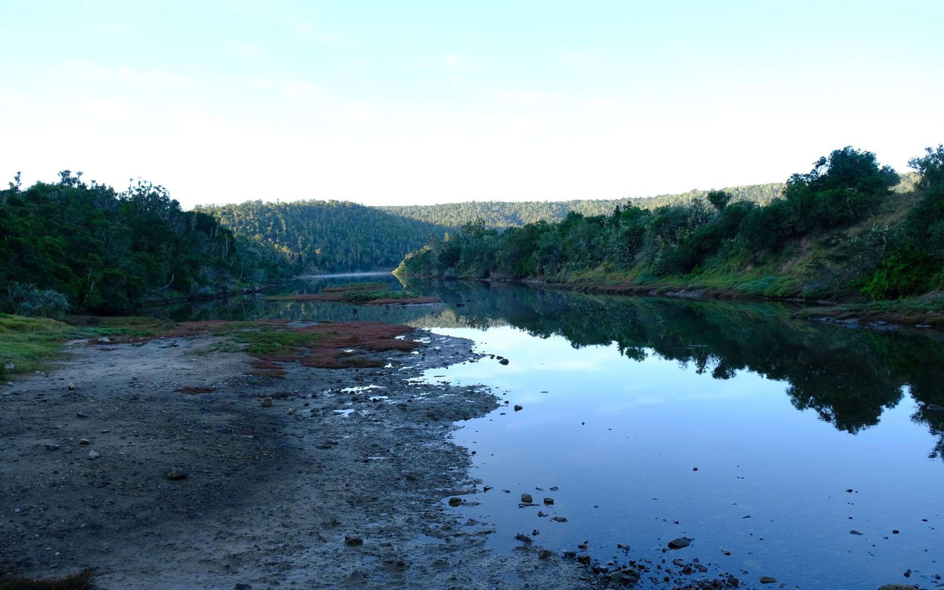 Calm water and a bare shoreline of sand and stones leading toward wooded hills