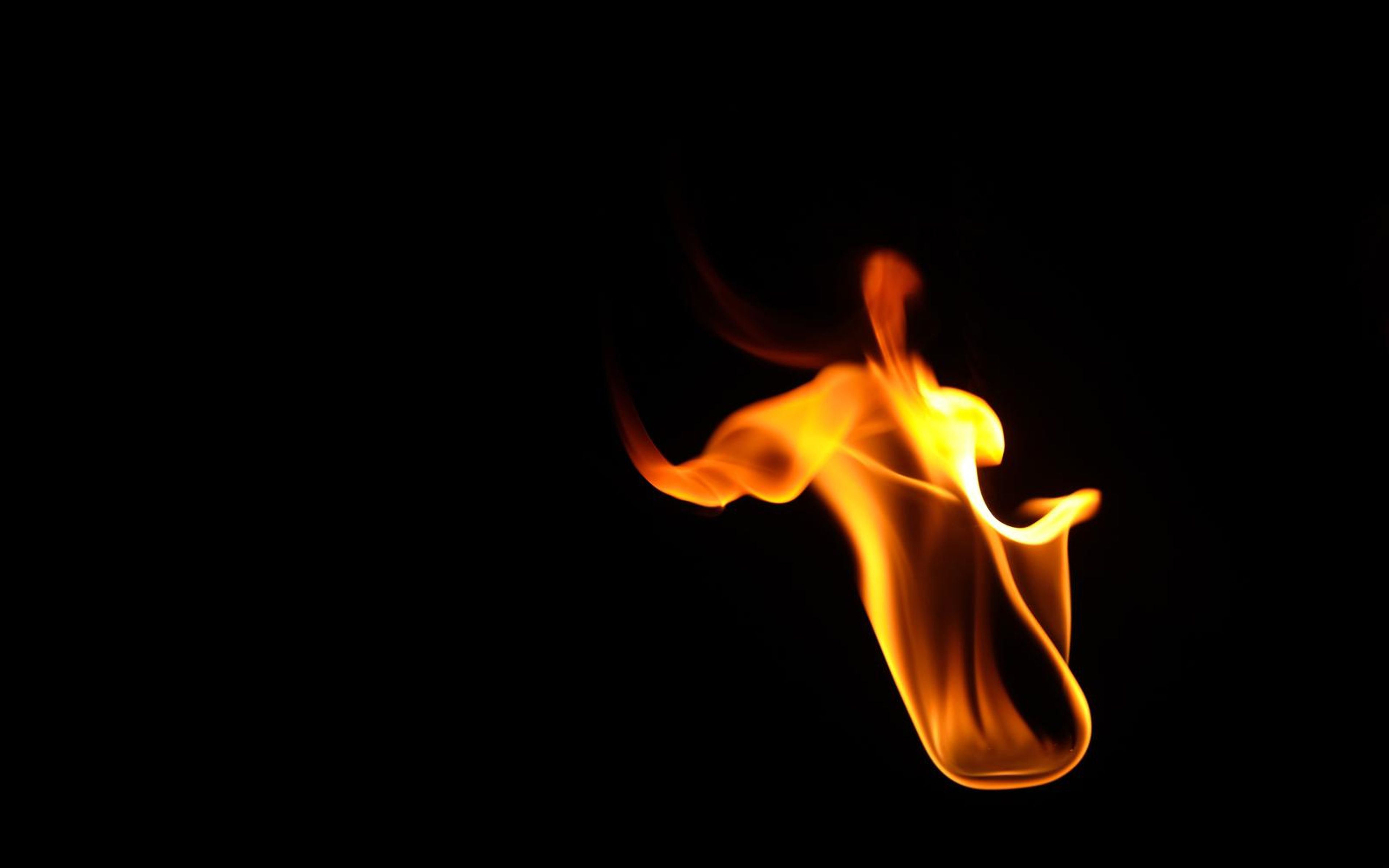 Flame with a rounded cap and curled ends in the right half of the frame
