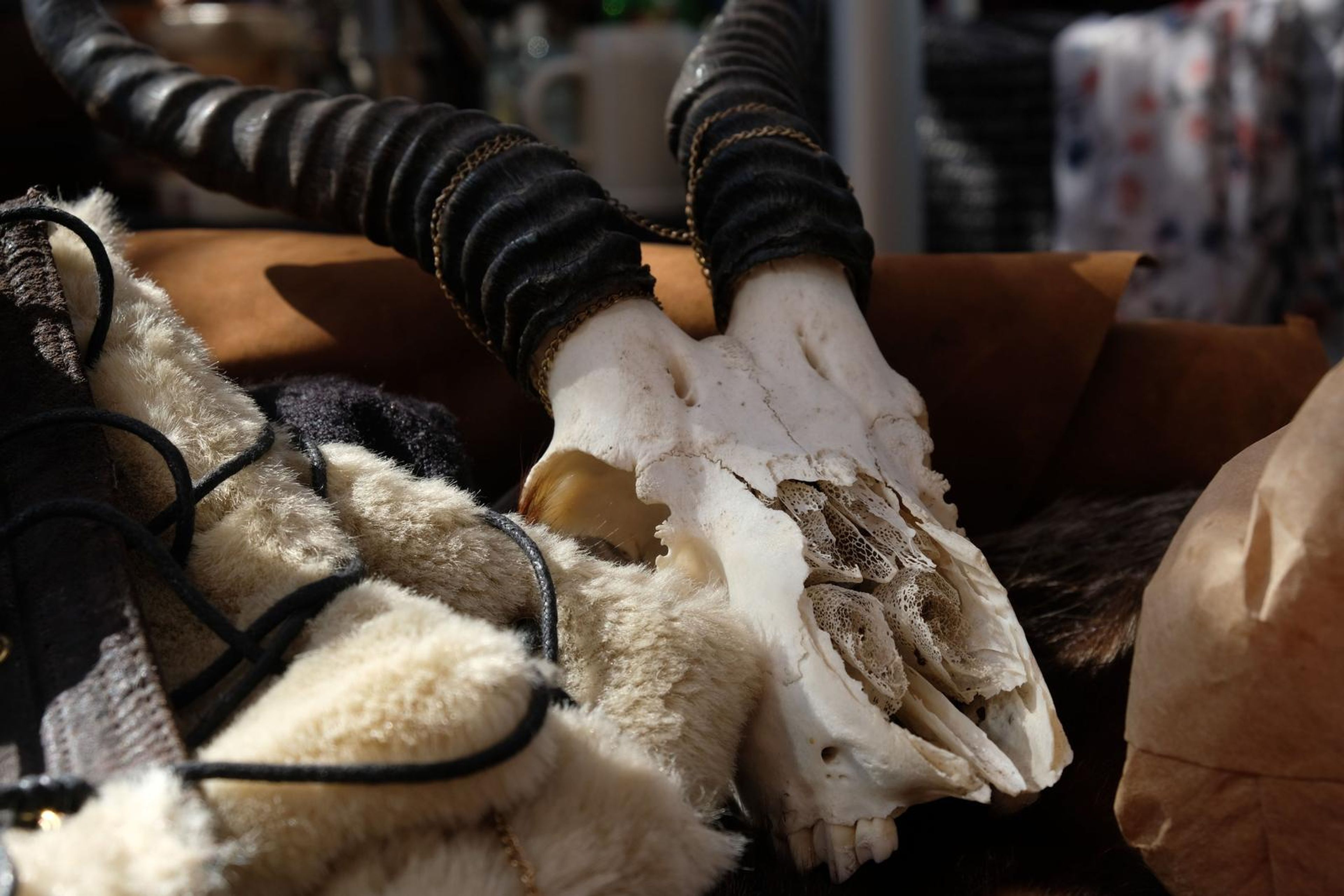 Animal skull with horns resting on fur and leather at the Juuks stall
