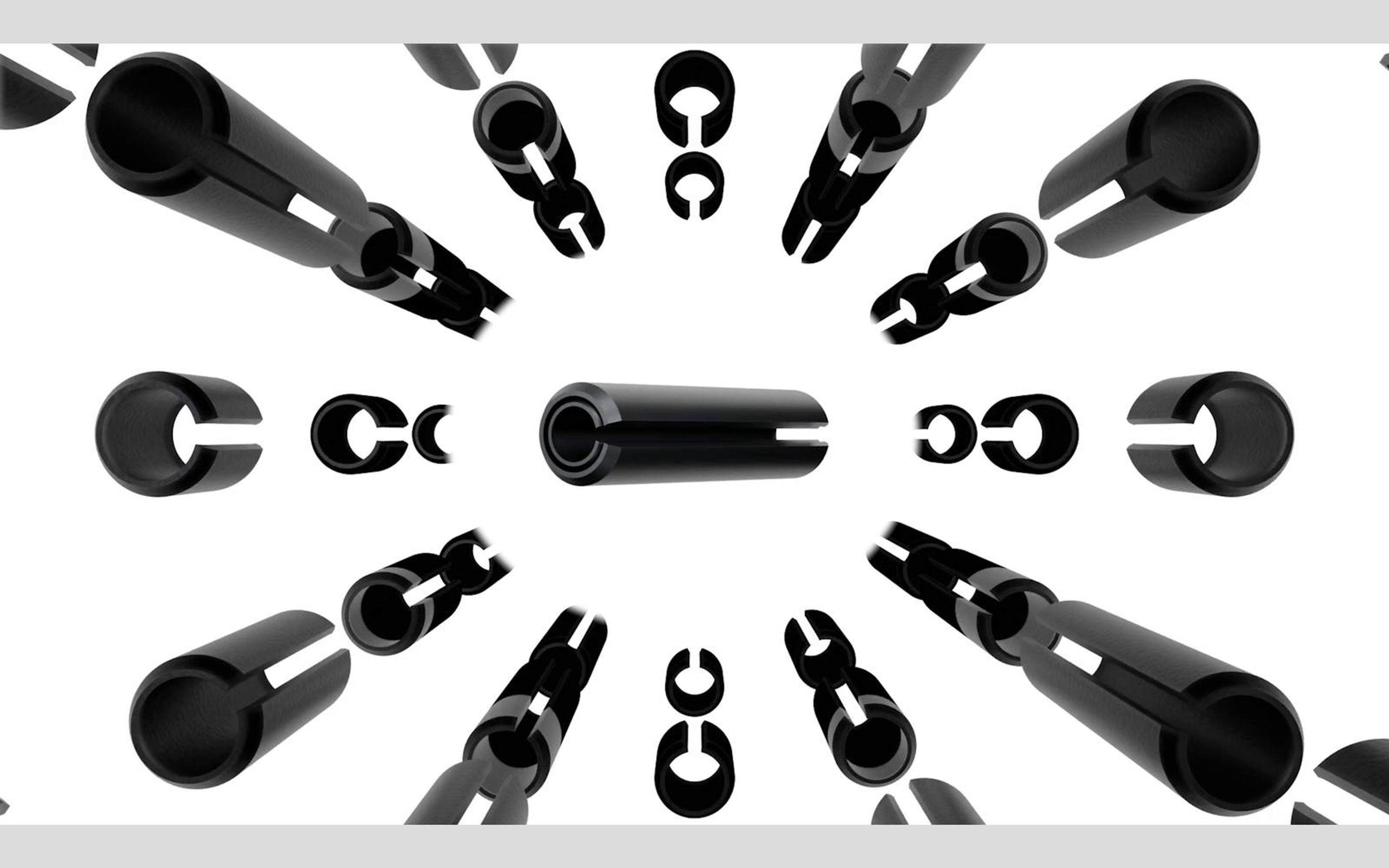 Large roll pin cutaways in a radial pattern on white