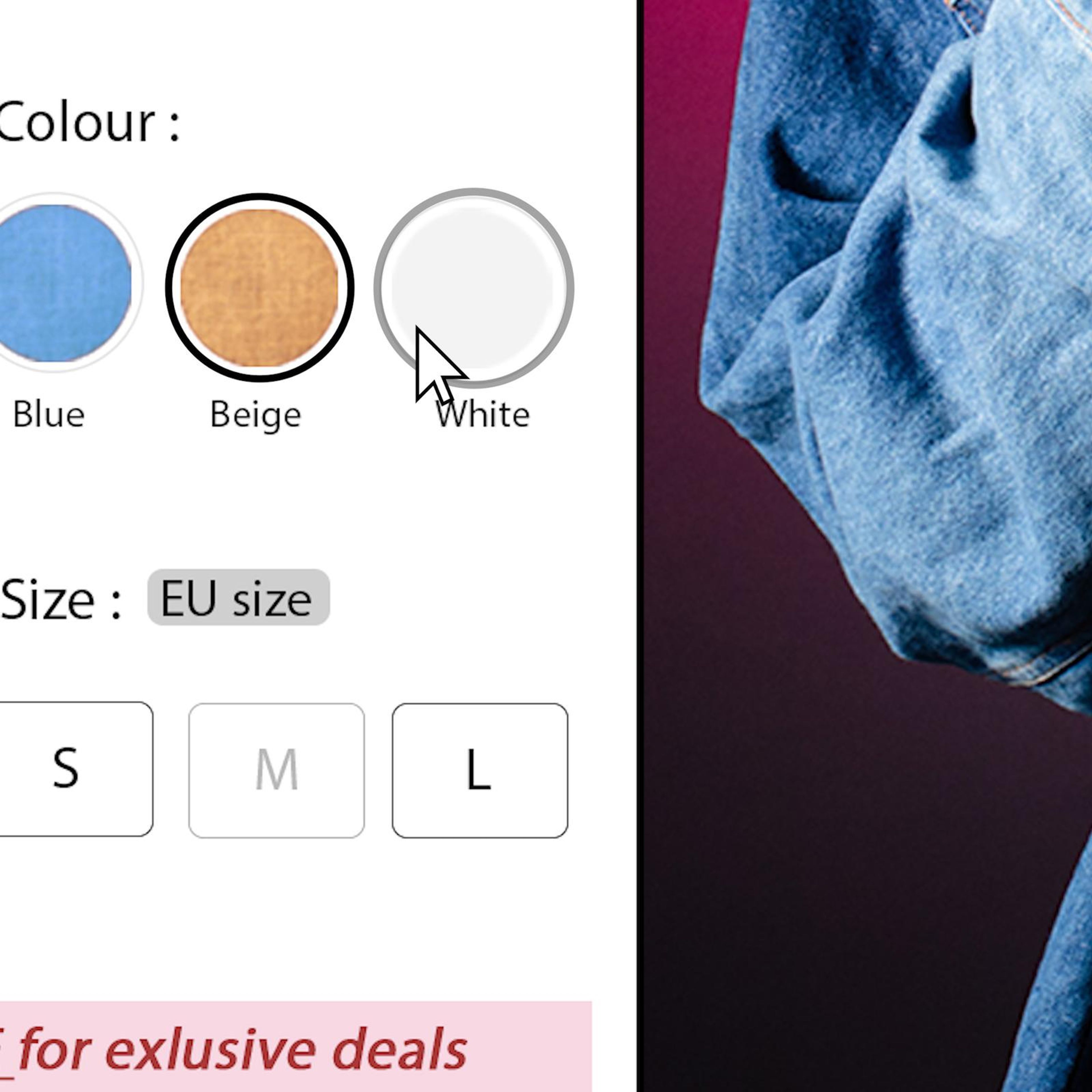 Square frame of a product page with colour and size options