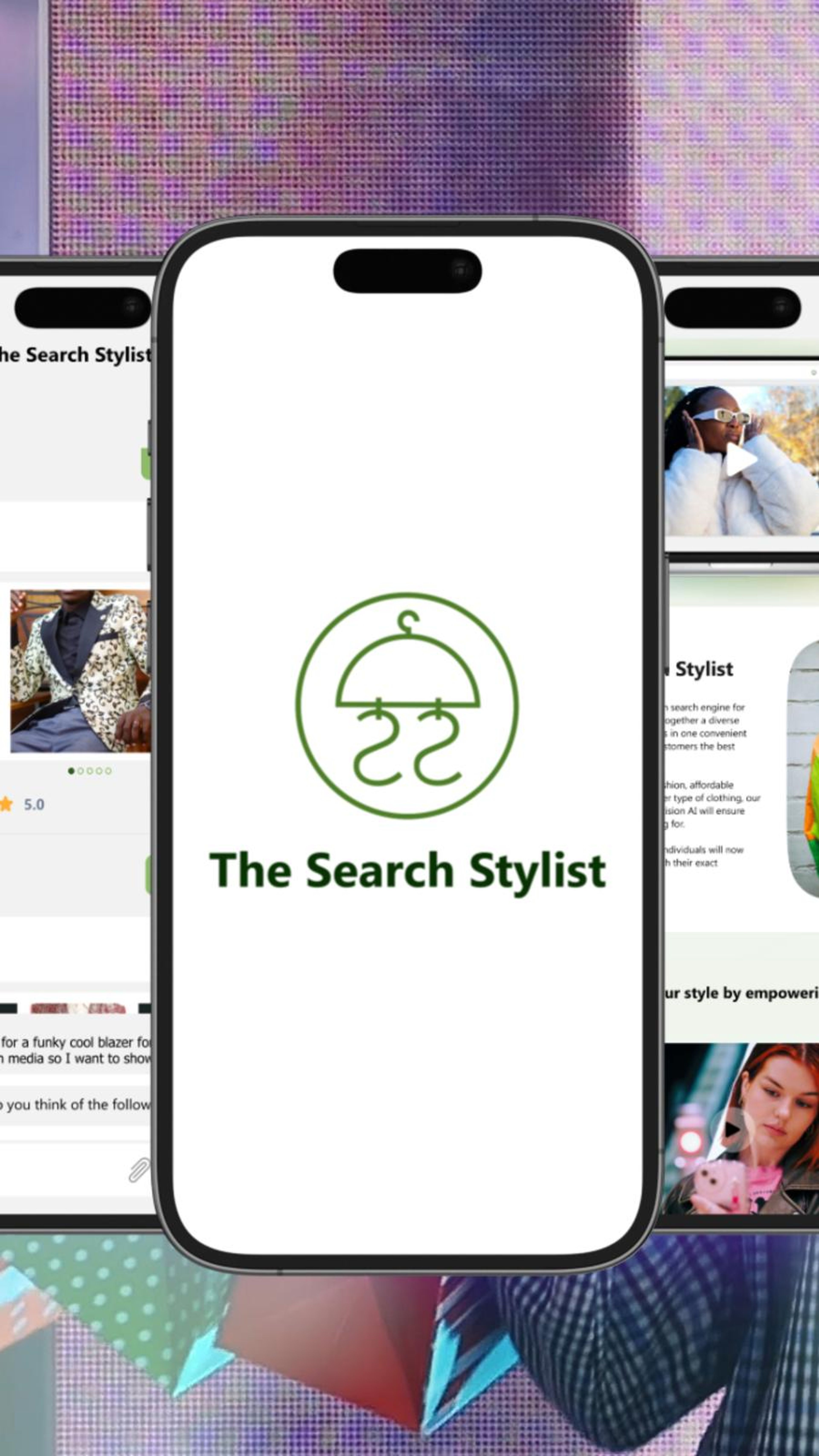 Vertical frame of a phone showing The Search Stylist opening screen against a colourful backdrop