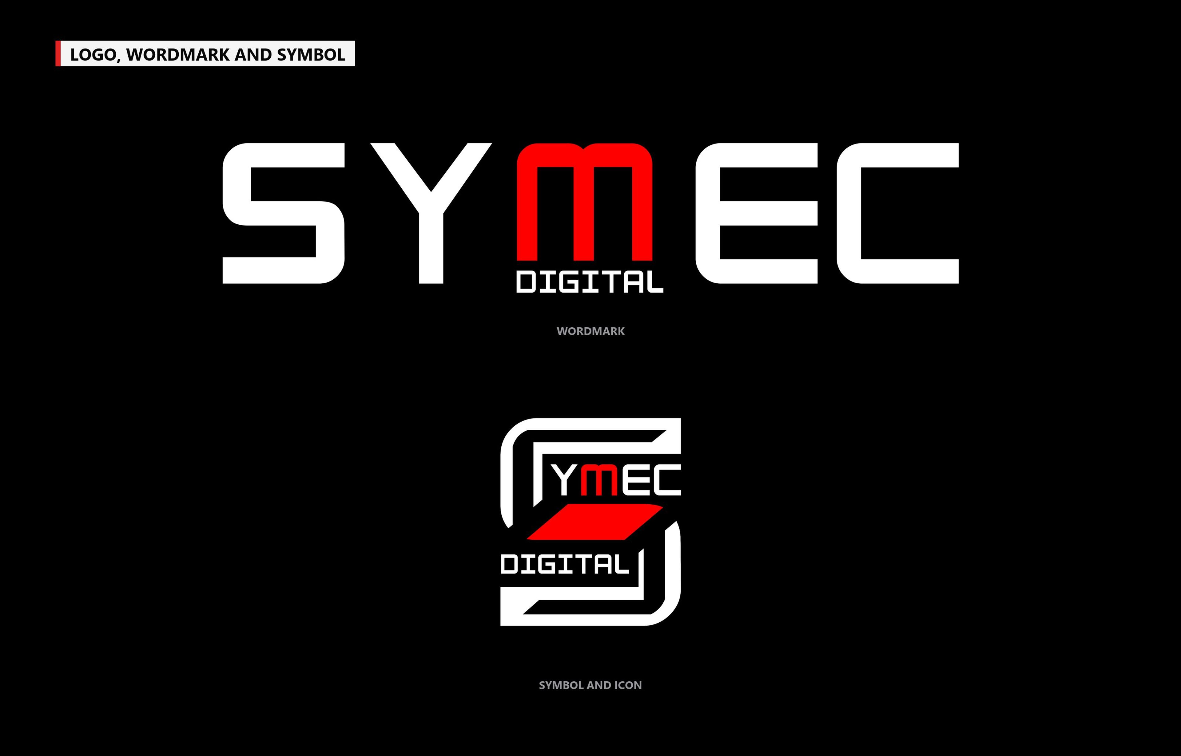 The final Symec Digital wordmark and symbol, which is also the icon, on a plain black background