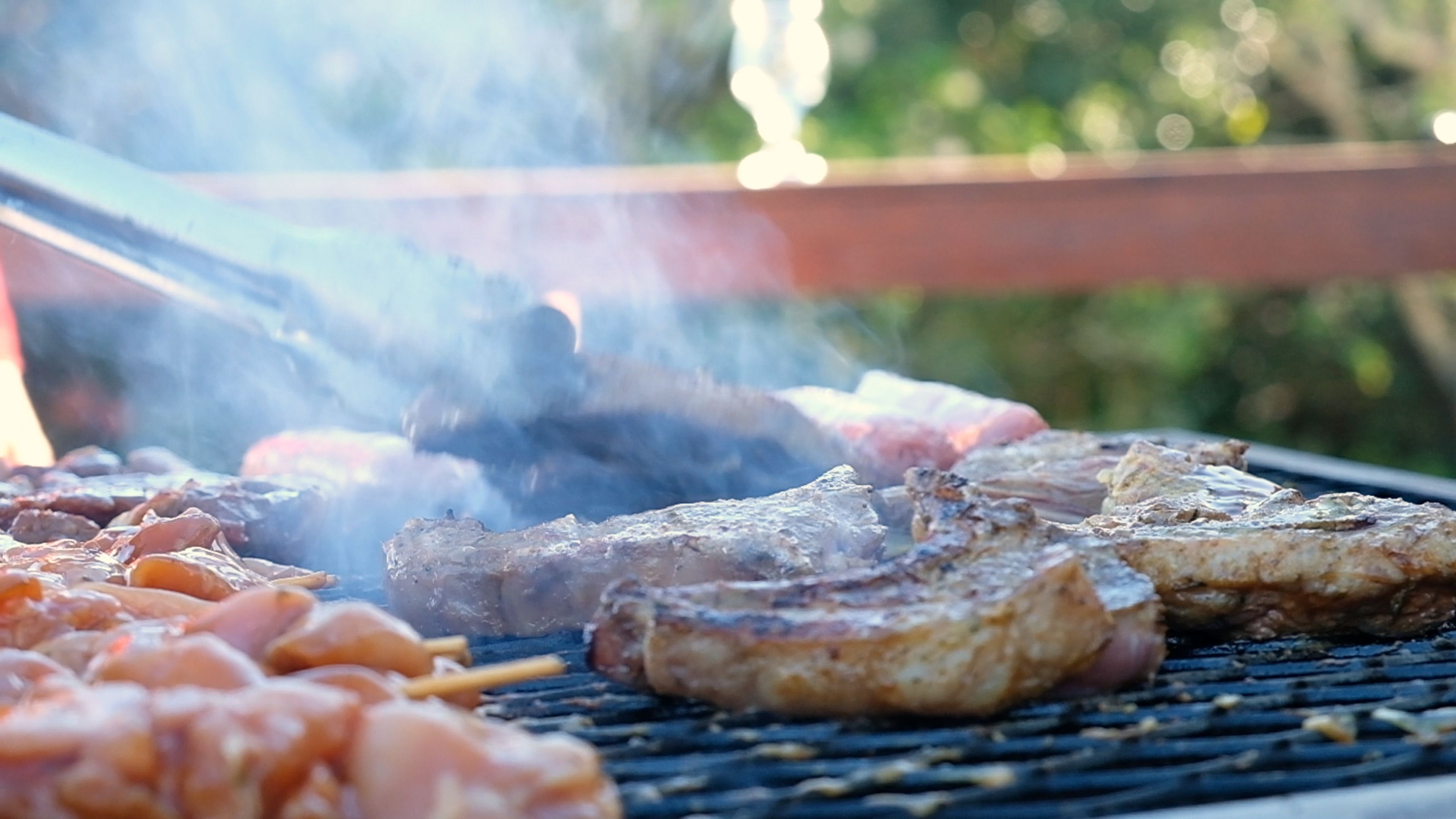 Meat and skewers grilling on a braai with smoke rising