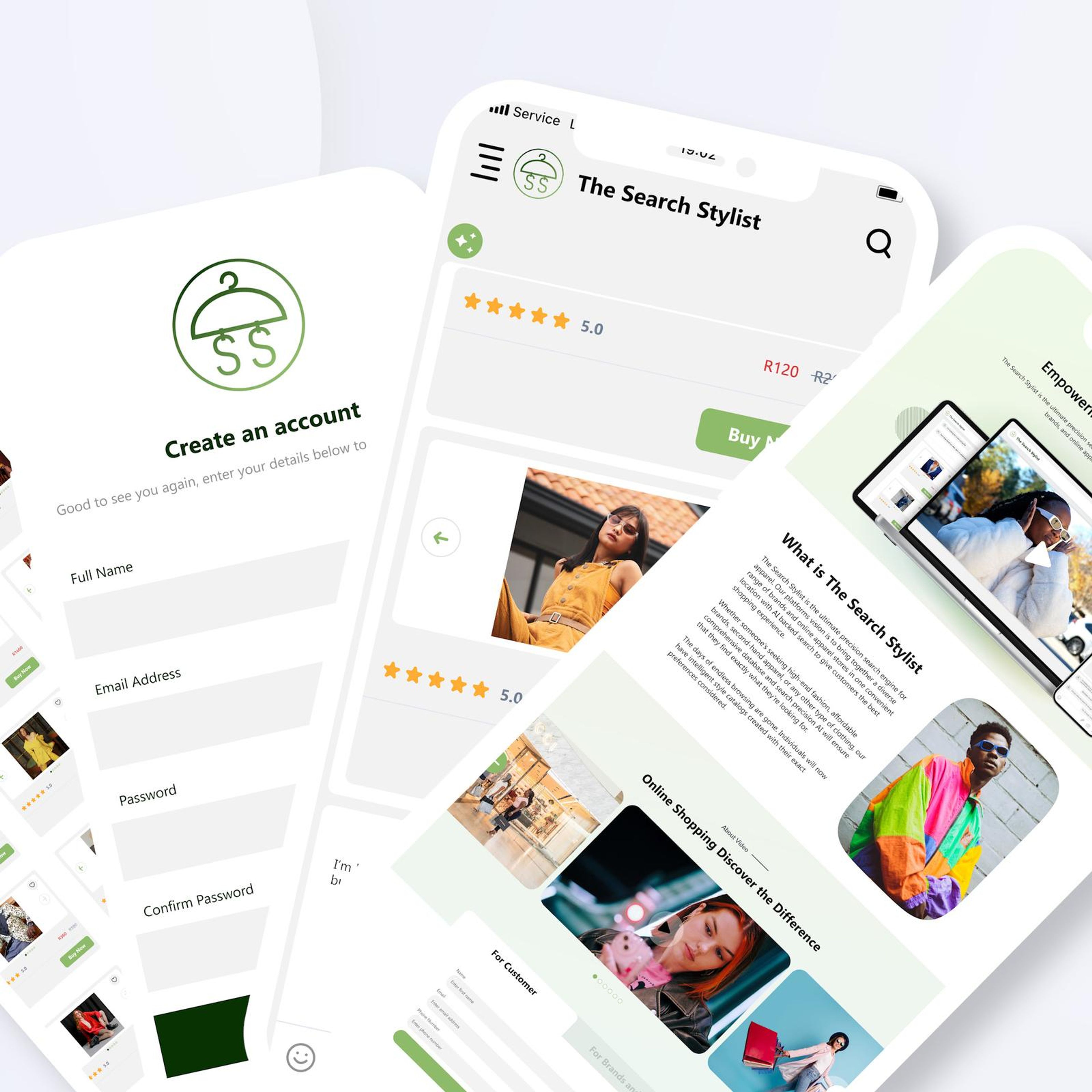 Square frame of overlapping phone screens from The Search Stylist app