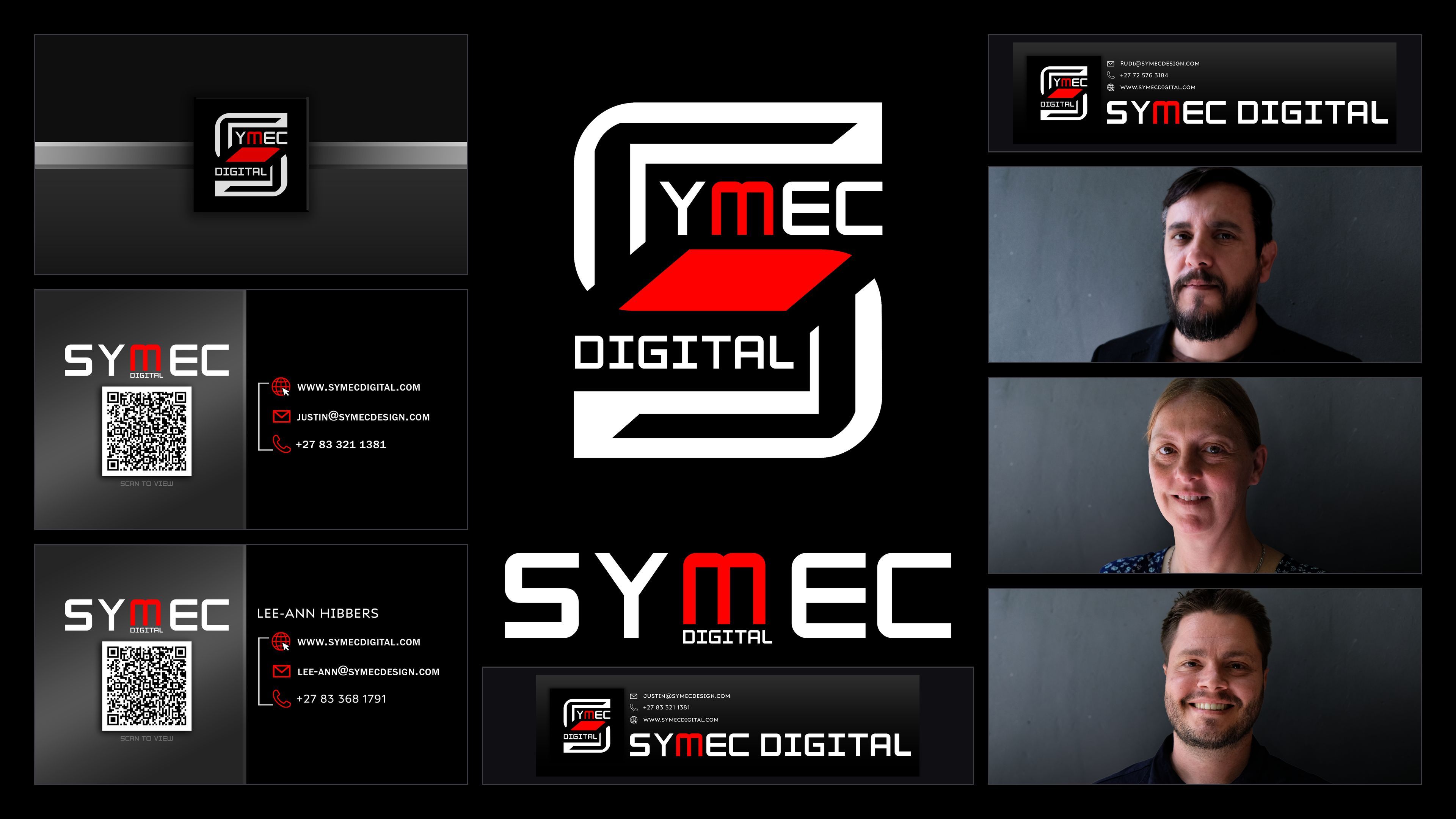 Symec Digital brand refresh: the symbol at the centre with the wordmark, business cards, email footers and team portraits around it