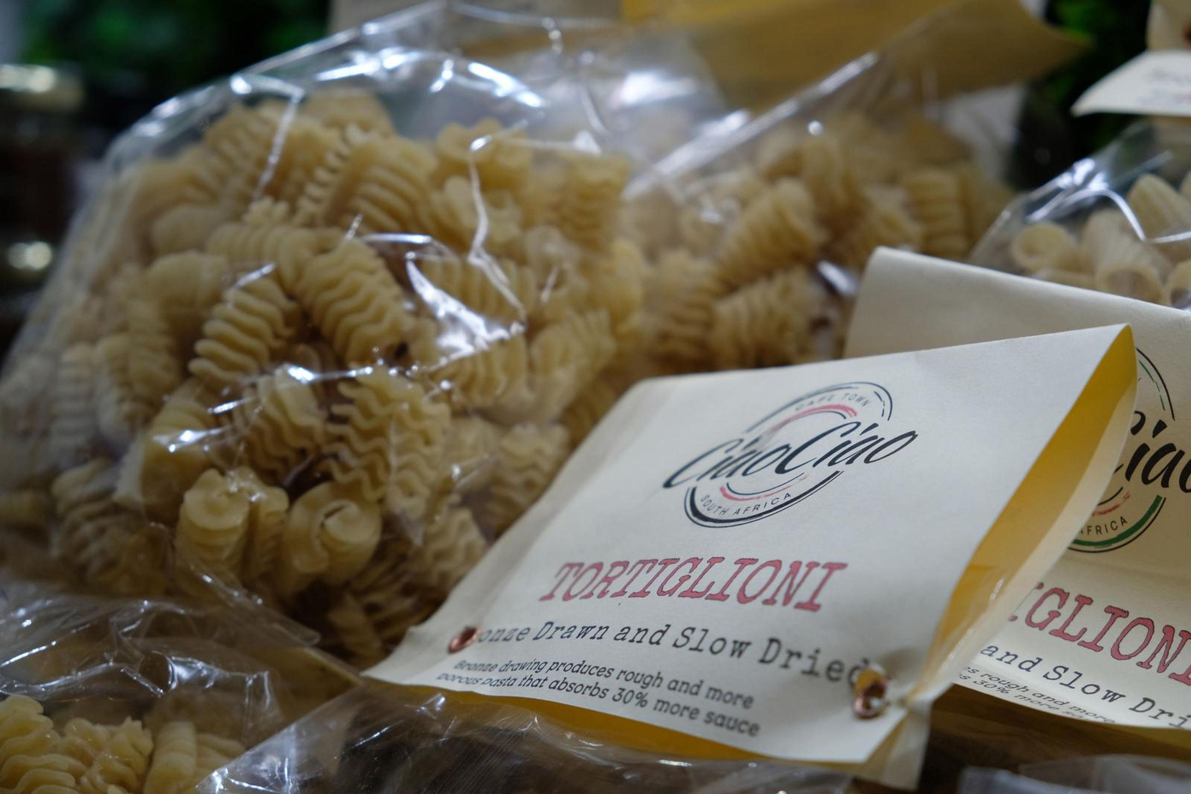 Close-up of fusilli pasta in a bag with a CiaoCiao label