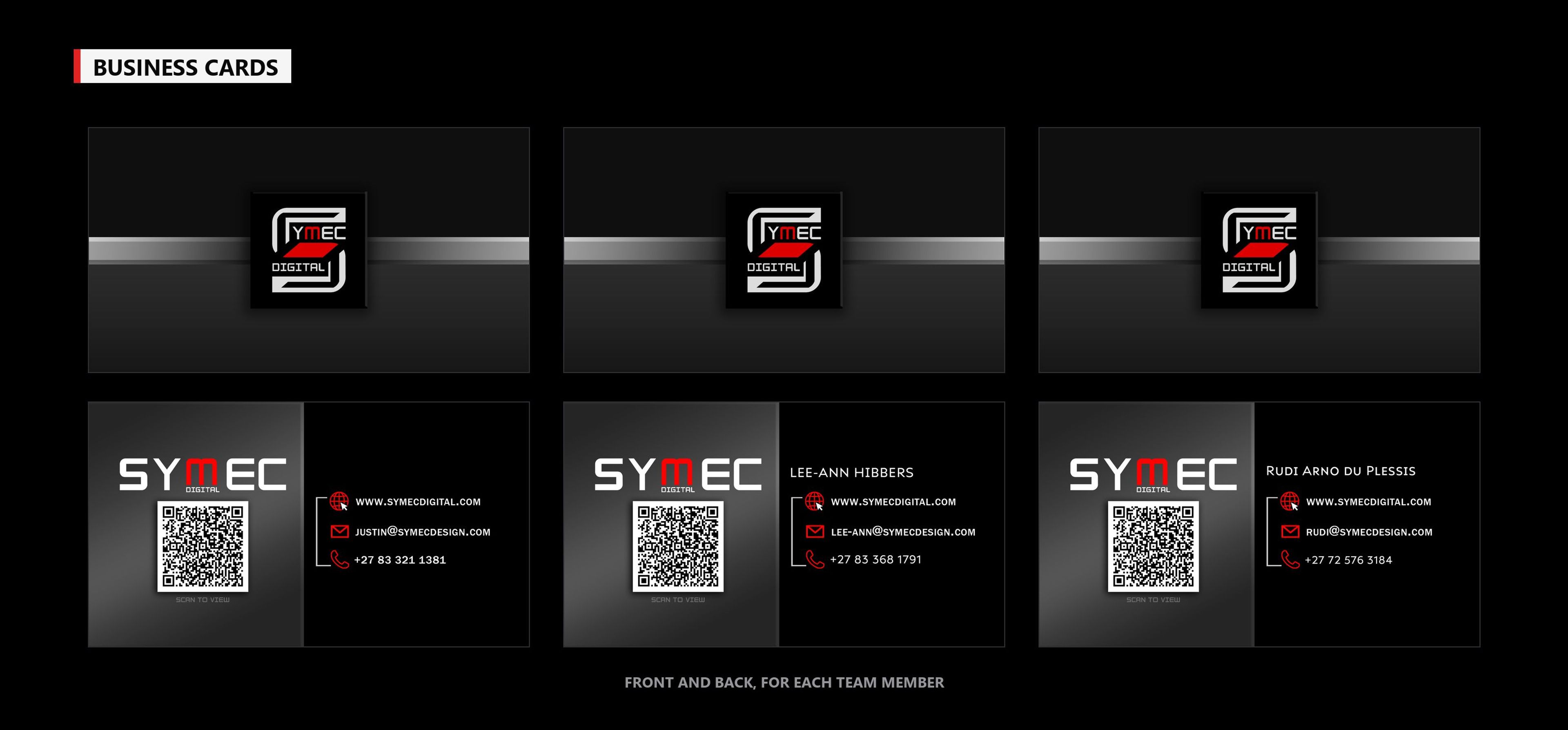 Symec Digital business cards, front and back, for three team members