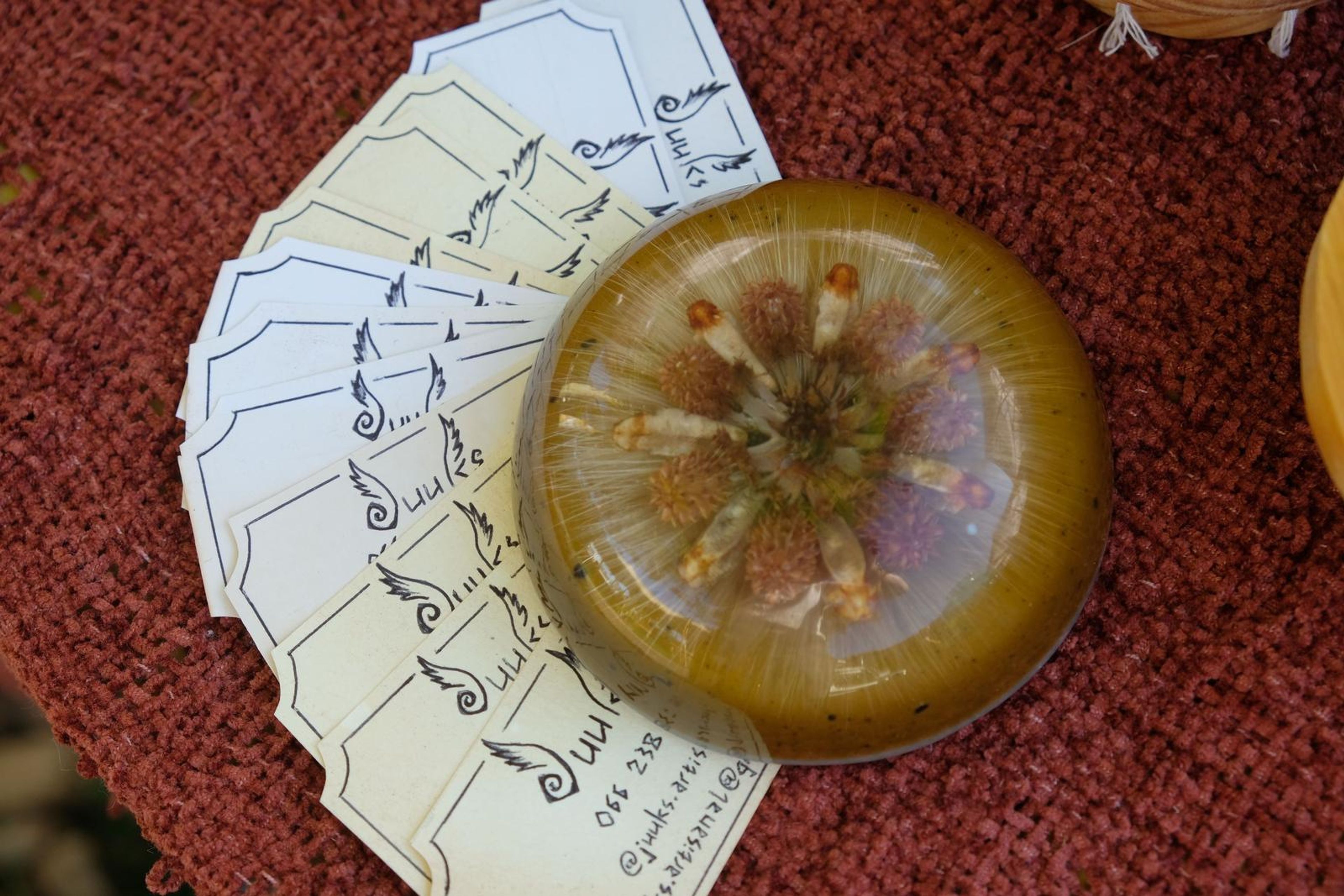 Resin dome with a dried flower beside a fan of handwritten cards