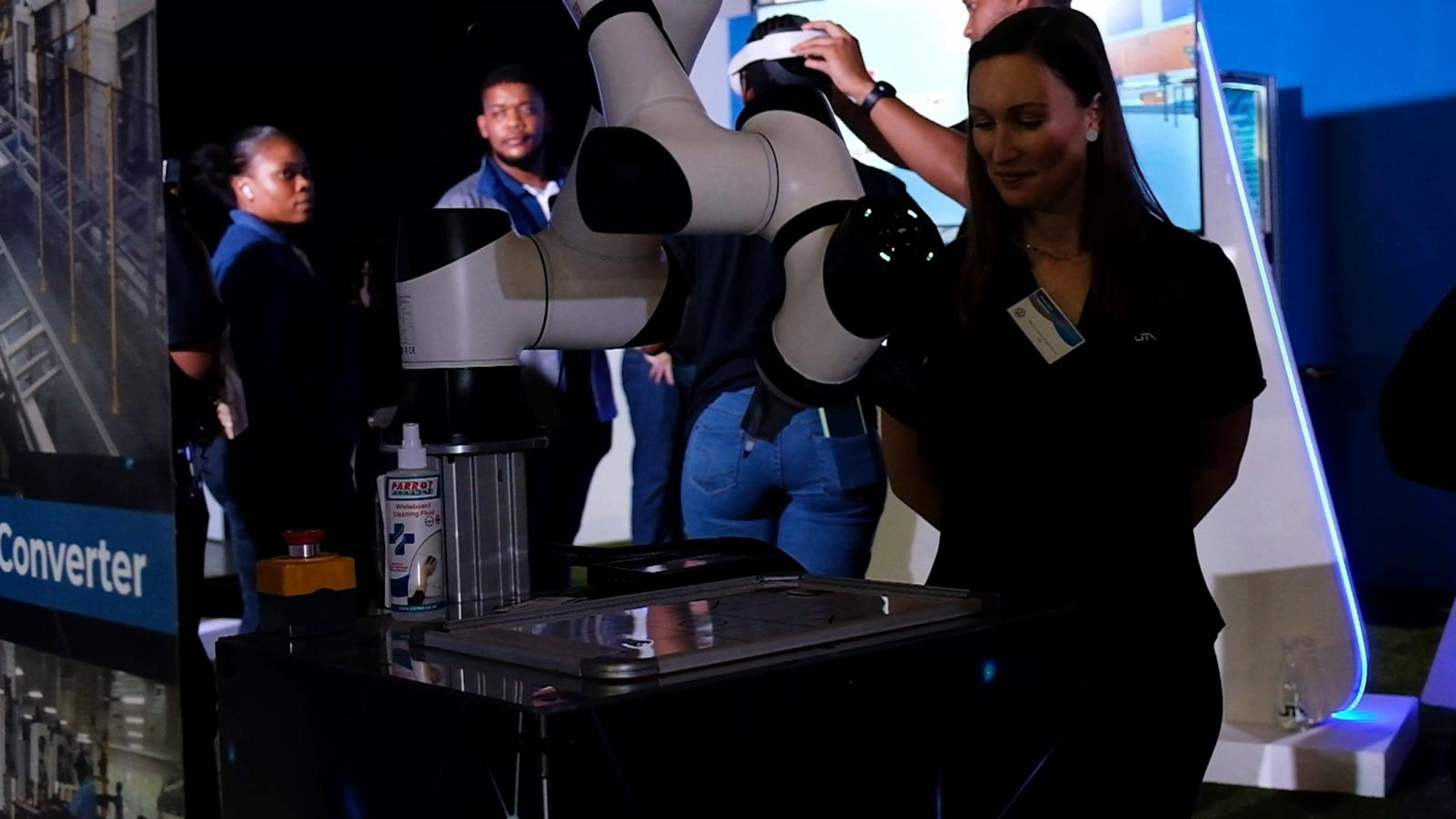 Collaborative robot arm raised during a demonstration