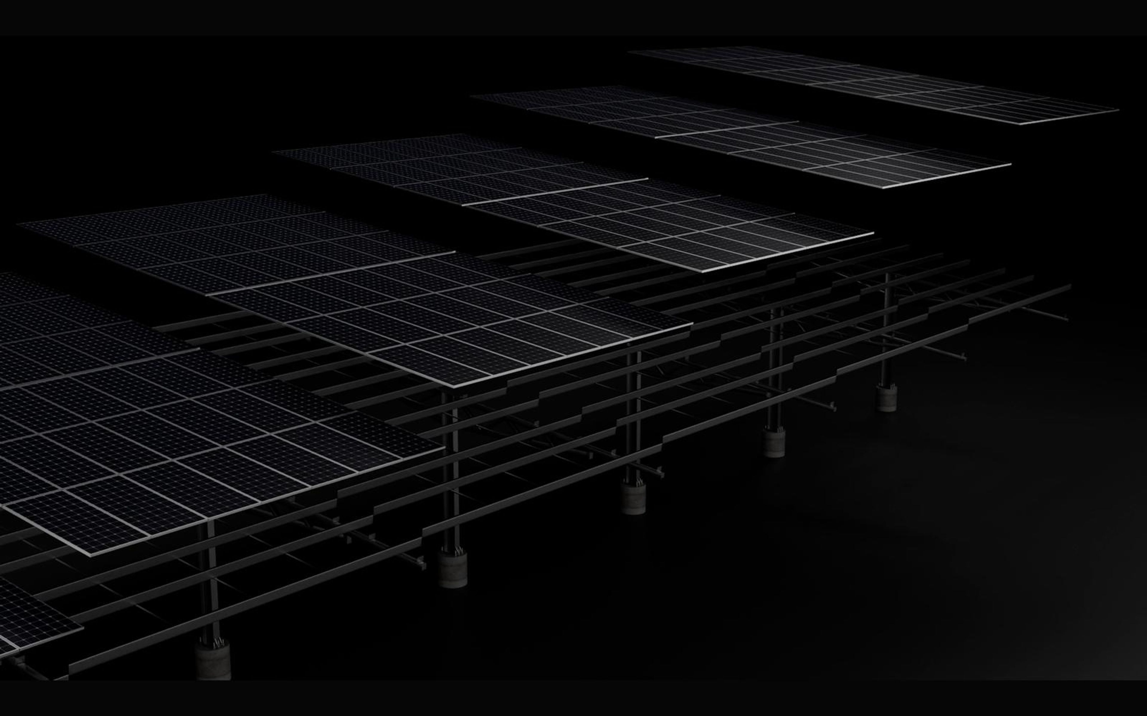 Solar panels laid across a canopy frame in finished render