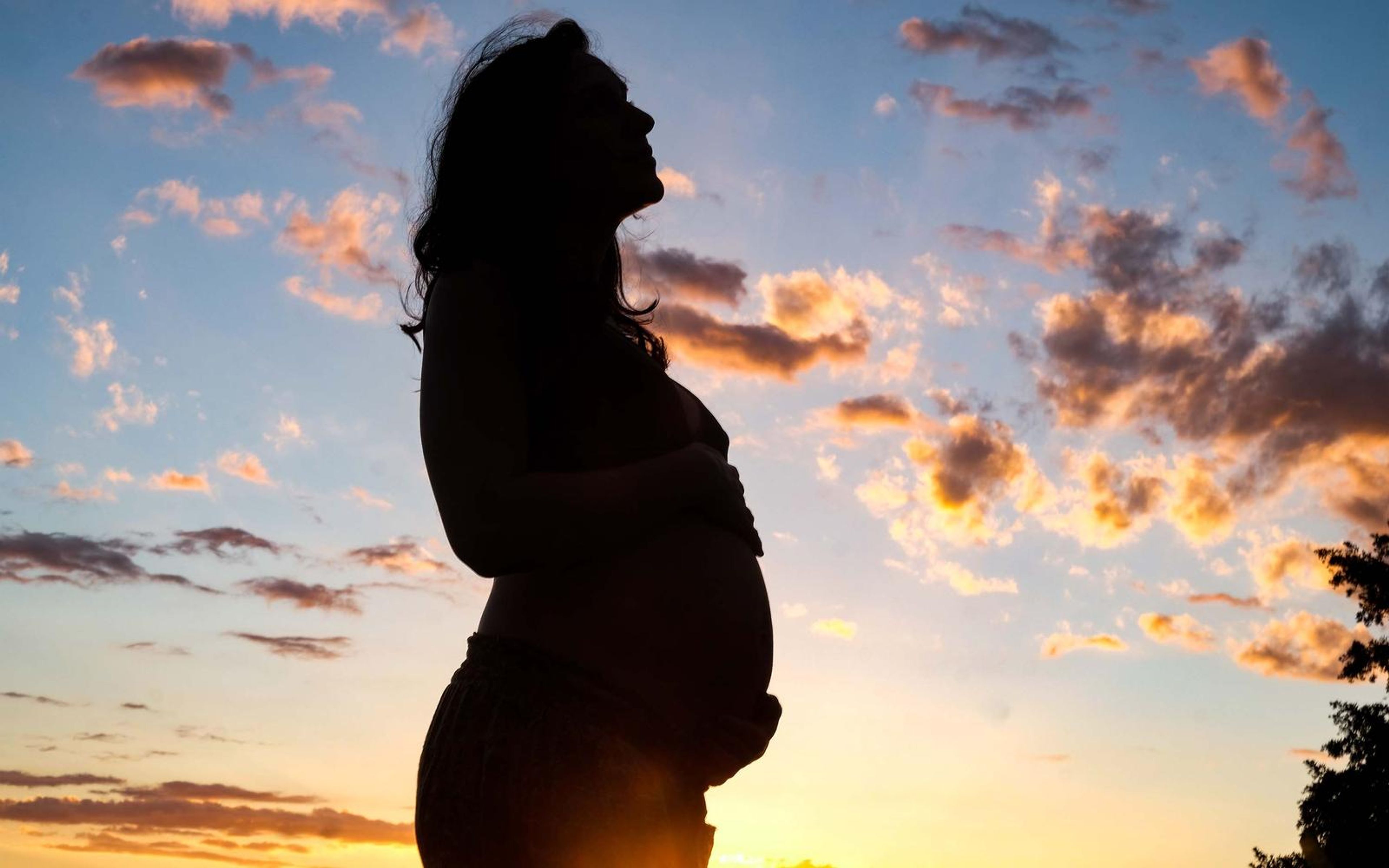 Pregnant woman in silhouette with chin raised, hands cradling her belly, sunset clouds