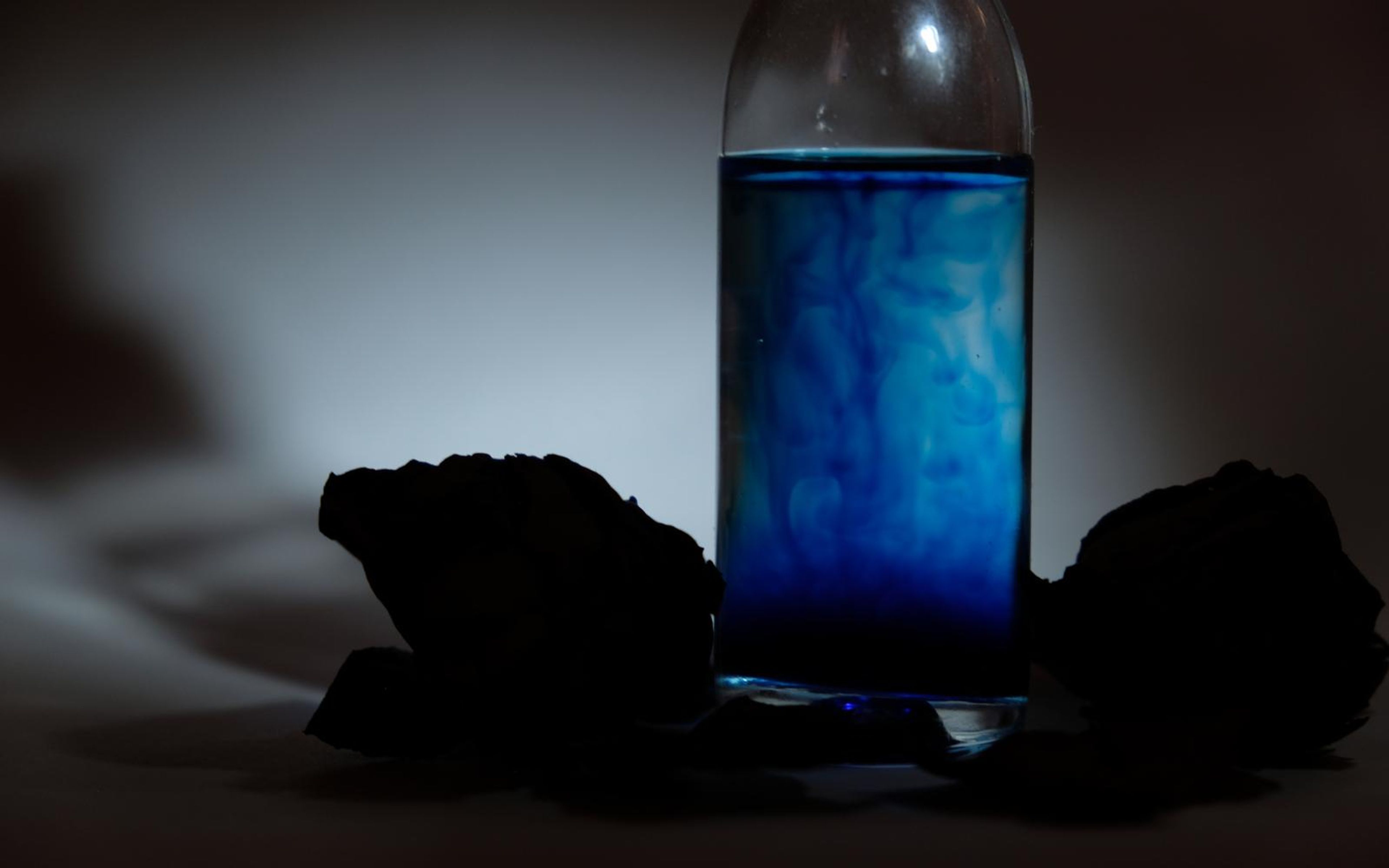 Close view of swirling blue liquid in a glass bottle flanked by dark dried roses against a white glow