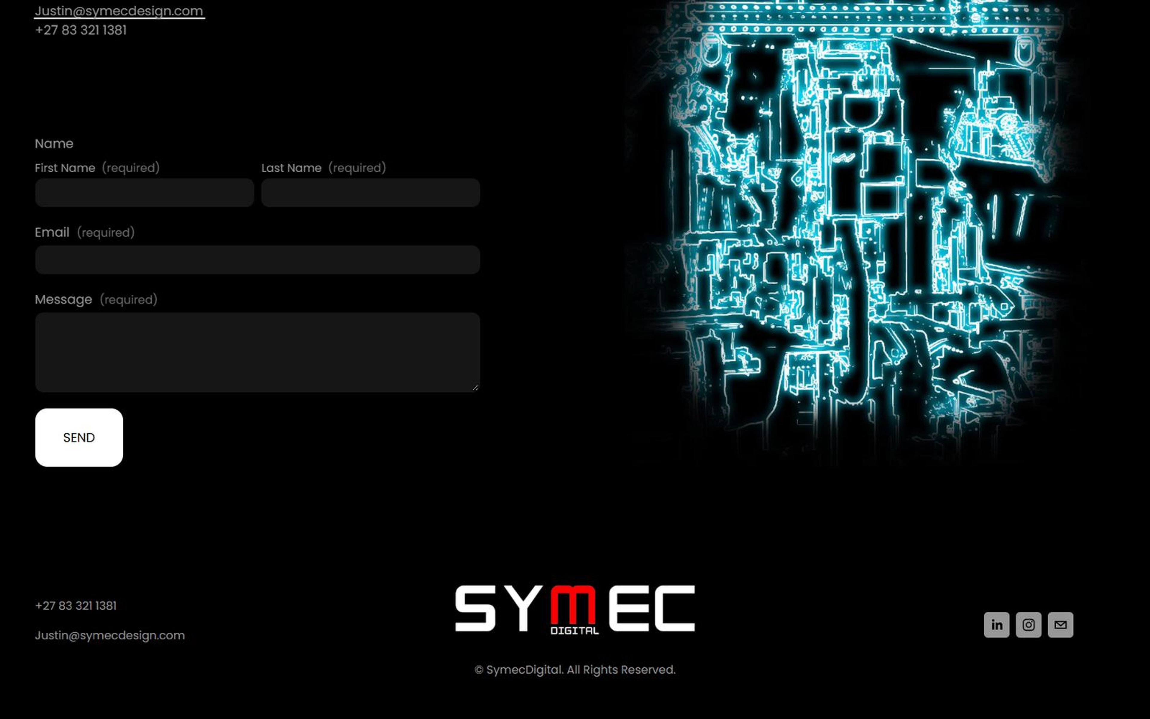 Contact page enquiry form beside the neon wireframe artwork and the footer