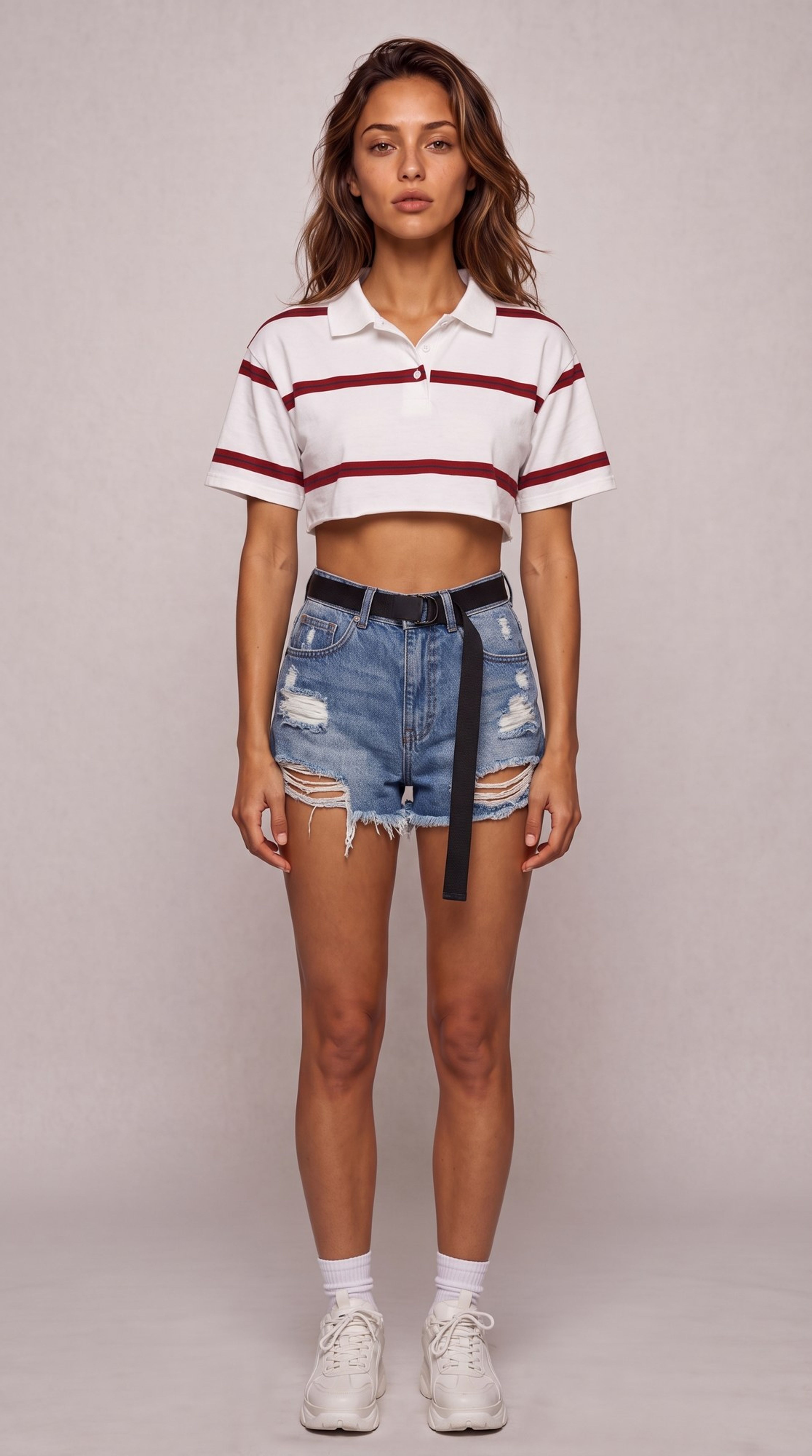 The Cressi character in a striped cropped polo and denim shorts with white socks and sneakers